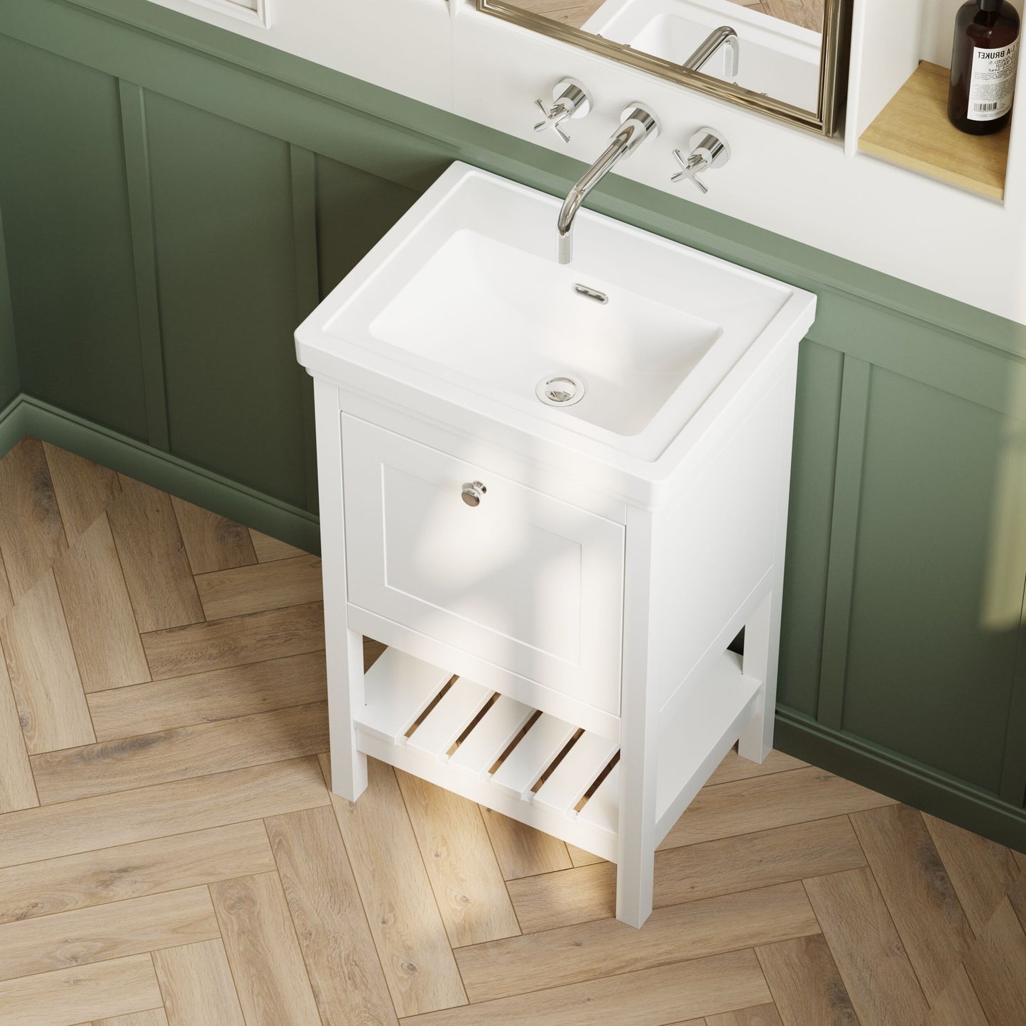 [BFRY123H] Coppenhall Traditional 1 Drawer Floor Standing Vanity Basin Unit with 0 Tap Hole Fireclay Basin, Choice of Size and Colour - Lifestyle 2