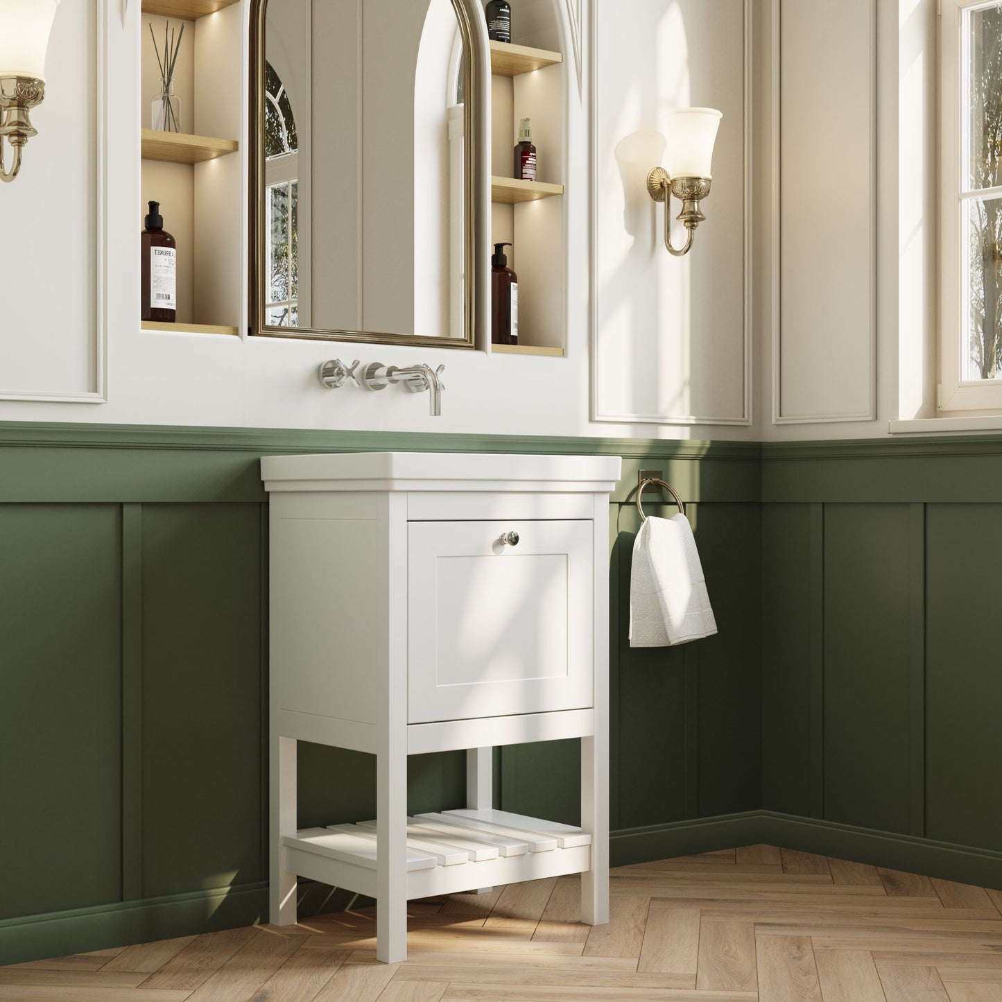 [BFRY123H] Coppenhall Traditional 1 Drawer Floor Standing Vanity Basin Unit with 0 Tap Hole Fireclay Basin, Choice of Size and Colour - Lifestyle 3