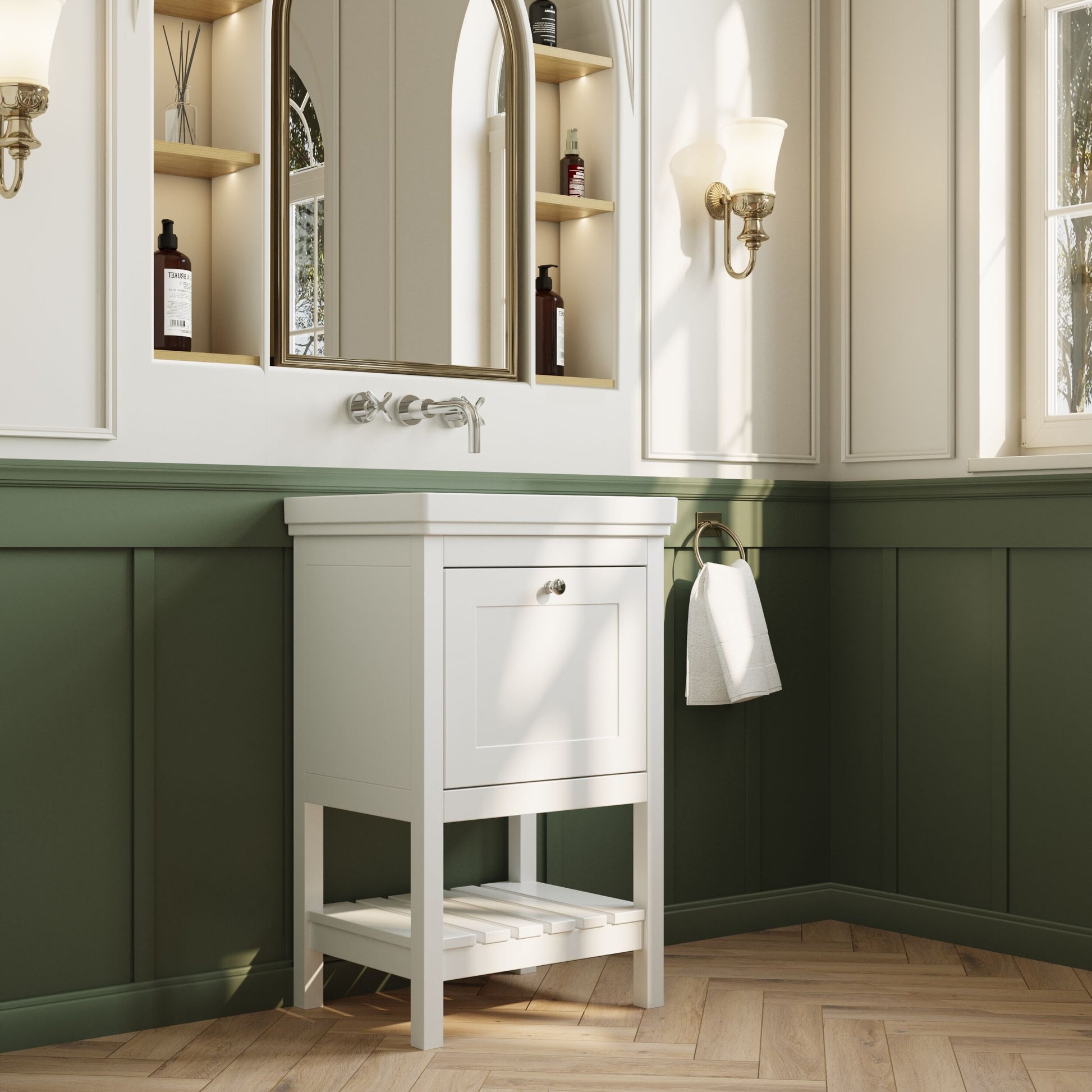 [BFRY123H] Coppenhall Traditional 1 Drawer Floor Standing Vanity Basin Unit with 0 Tap Hole Fireclay Basin, Choice of Size and Colour - Lifestyle 3
