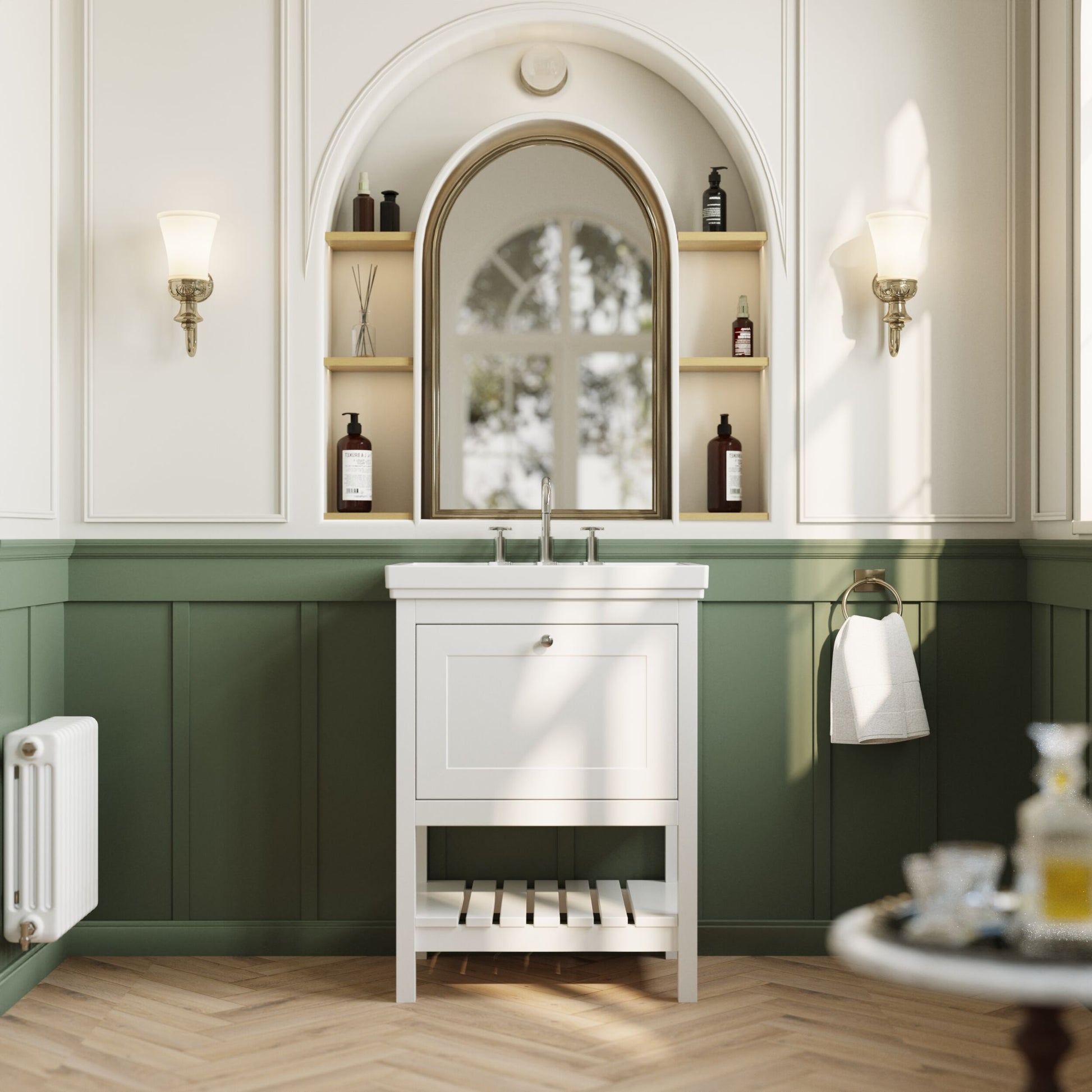 [BFRY125B] Coppenhall Traditional 1 Drawer Floor Standing Vanity Unit with 3 Tap Hole Fireclay Basin, Choice of Size and Finish - Lifestyle 1