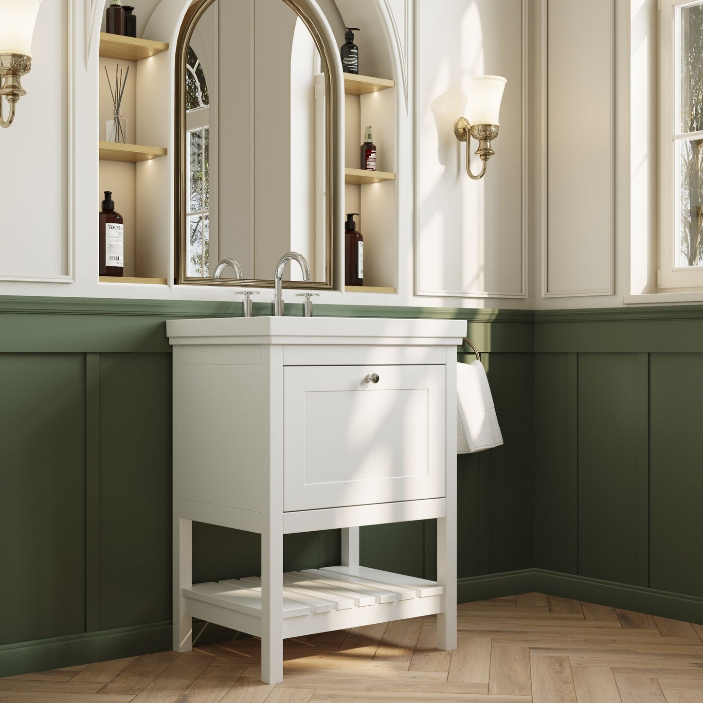 [BFRY125B] Coppenhall Traditional 1 Drawer Floor Standing Vanity Unit with 3 Tap Hole Fireclay Basin, Choice of Size and Finish - Lifestyle 3