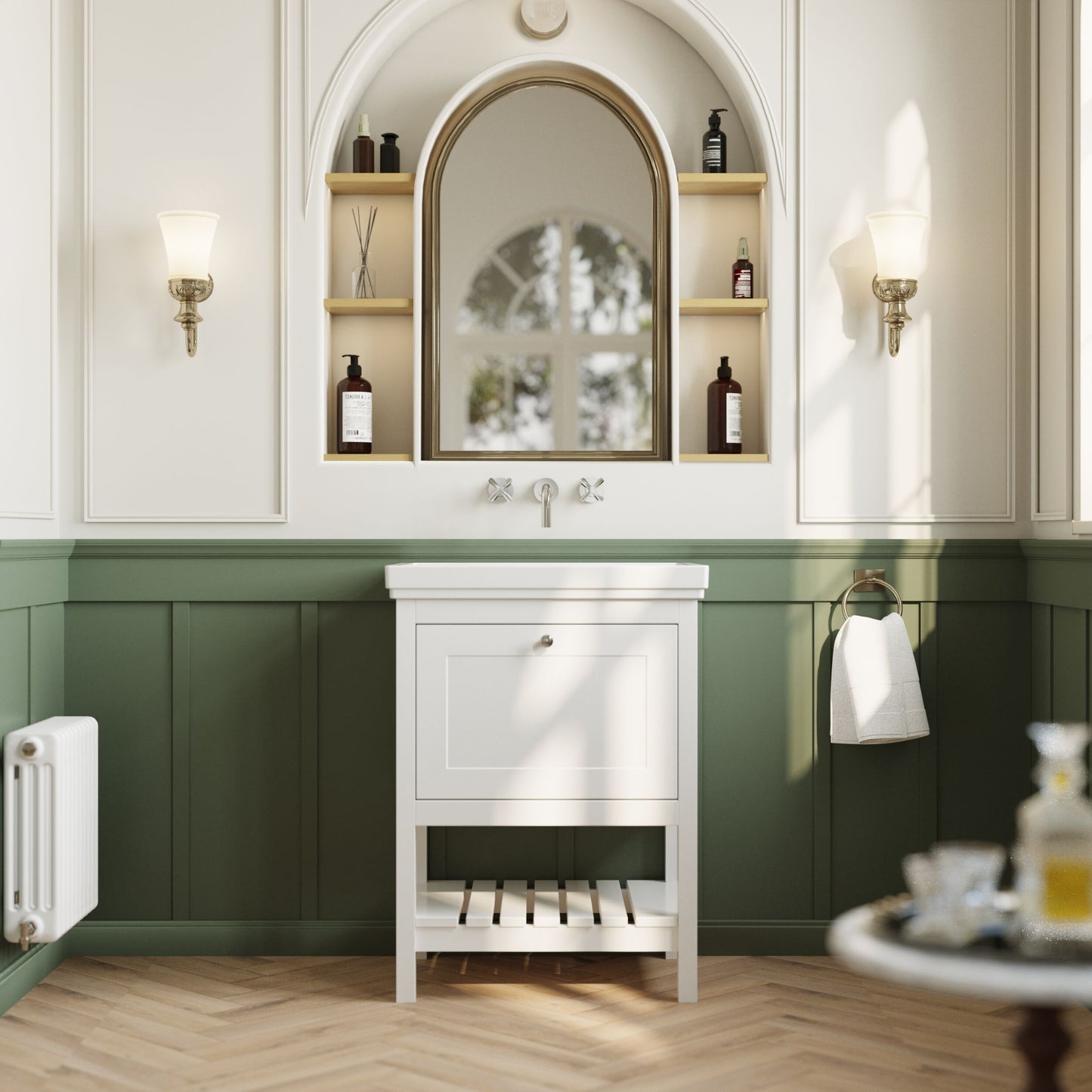 [BFRY125H] Coppenhall Traditional 1 Drawer Floor Standing Vanity Basin Unit with 0 Tap Hole Fireclay Basin, Choice of Size and Colour - Lifestyle 1