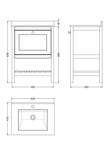 [BFRY125WS1] Coppenhall Traditional 1 Drawer Floor Standing Vanity Unit with Marble Worktop, Choice of Size and Finish - Technical Drawing