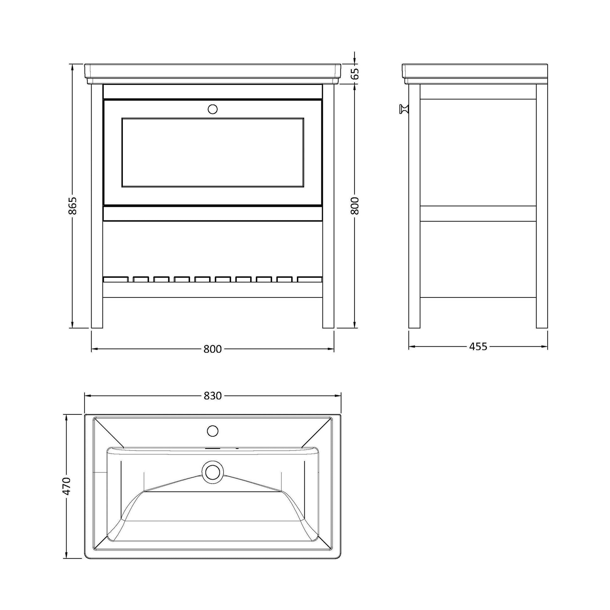 [BFRY127A] Balterley Rye Bathroom Floor Standing 1 Drawer Vanity & 1 Tap Hole Basin, Pure White, 830mm - Technical Drawing
