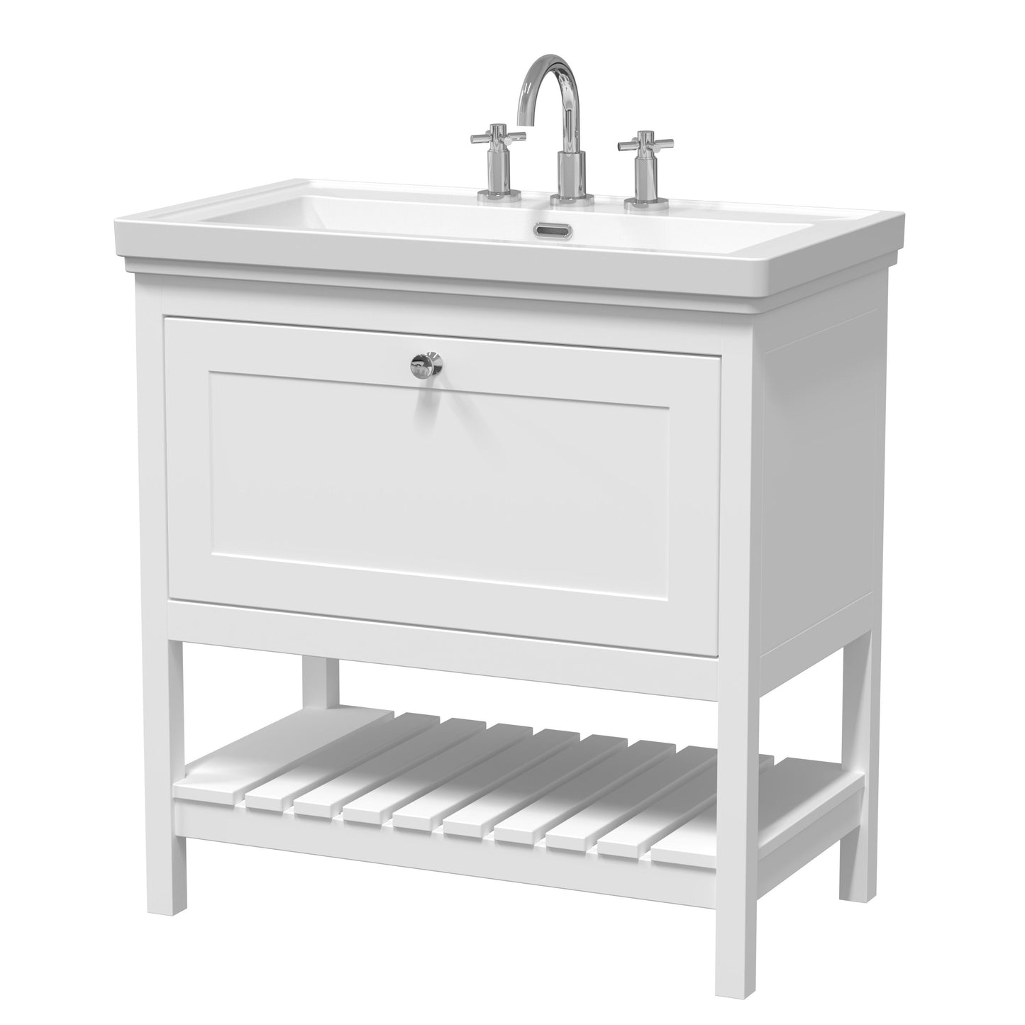 [BFRY127B] Coppenhall Traditional 1 Drawer Floor Standing Vanity Unit with 3 Tap Hole Fireclay Basin, Choice of Size and Finish - Cutout