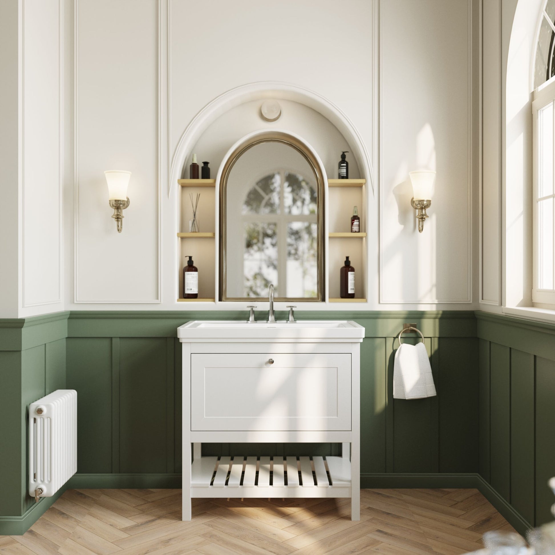 [BFRY127B] Coppenhall Traditional 1 Drawer Floor Standing Vanity Unit with 3 Tap Hole Fireclay Basin, Choice of Size and Finish - Lifestyle 1