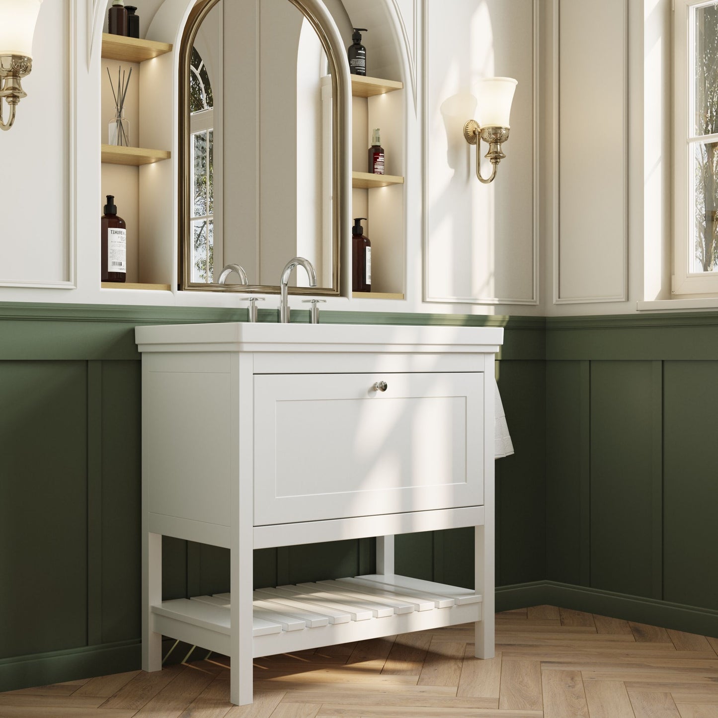 [BFRY127B] Coppenhall Traditional 1 Drawer Floor Standing Vanity Unit with 3 Tap Hole Fireclay Basin, Choice of Size and Finish - Lifestyle 3
