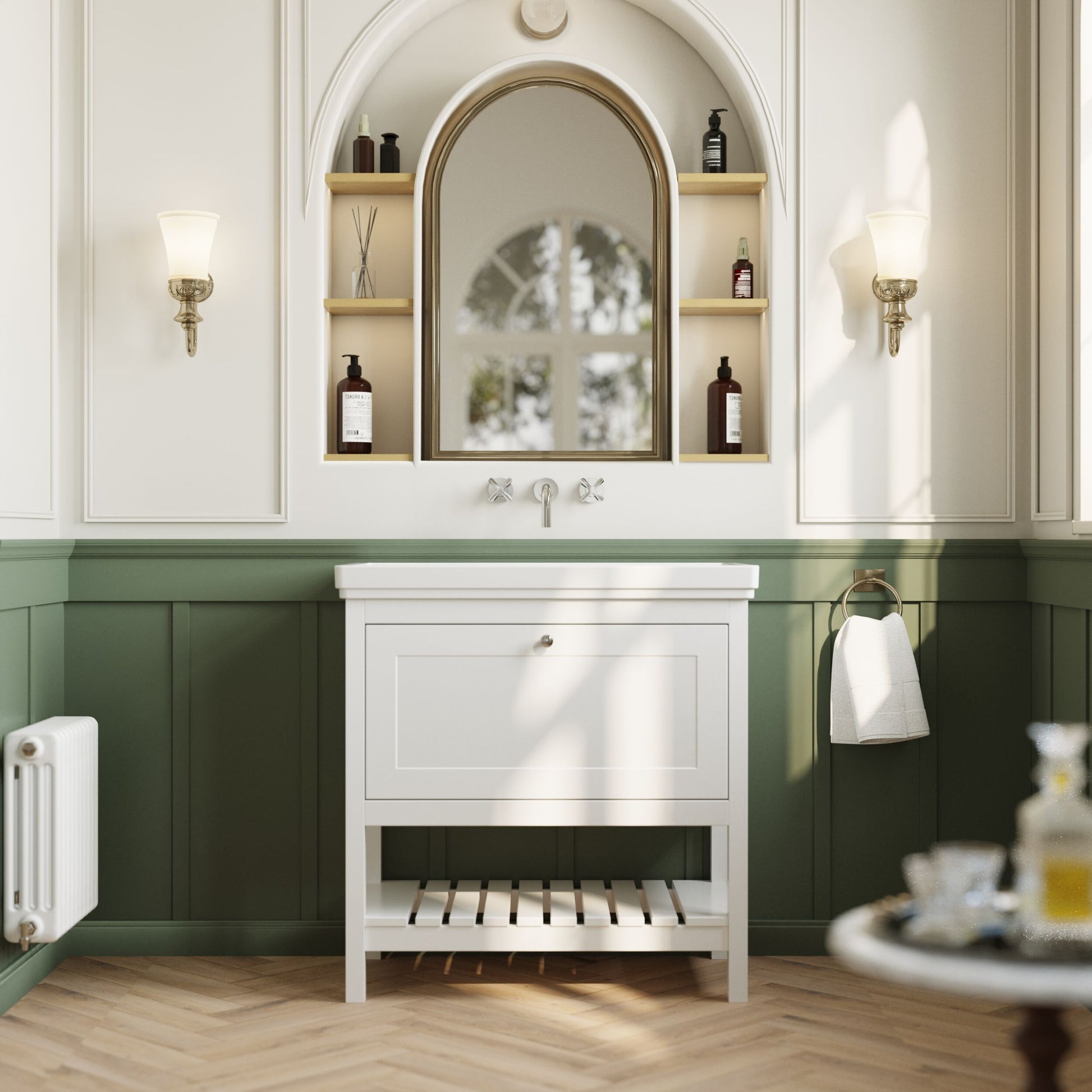 [BFRY127H] Coppenhall Traditional 1 Drawer Floor Standing Vanity Basin Unit with 0 Tap Hole Fireclay Basin, Choice of Size and Colour - Lifestyle 1