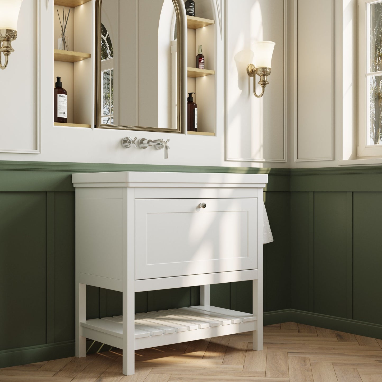 [BFRY127H] Coppenhall Traditional 1 Drawer Floor Standing Vanity Basin Unit with 0 Tap Hole Fireclay Basin, Choice of Size and Colour - Lifestyle 3