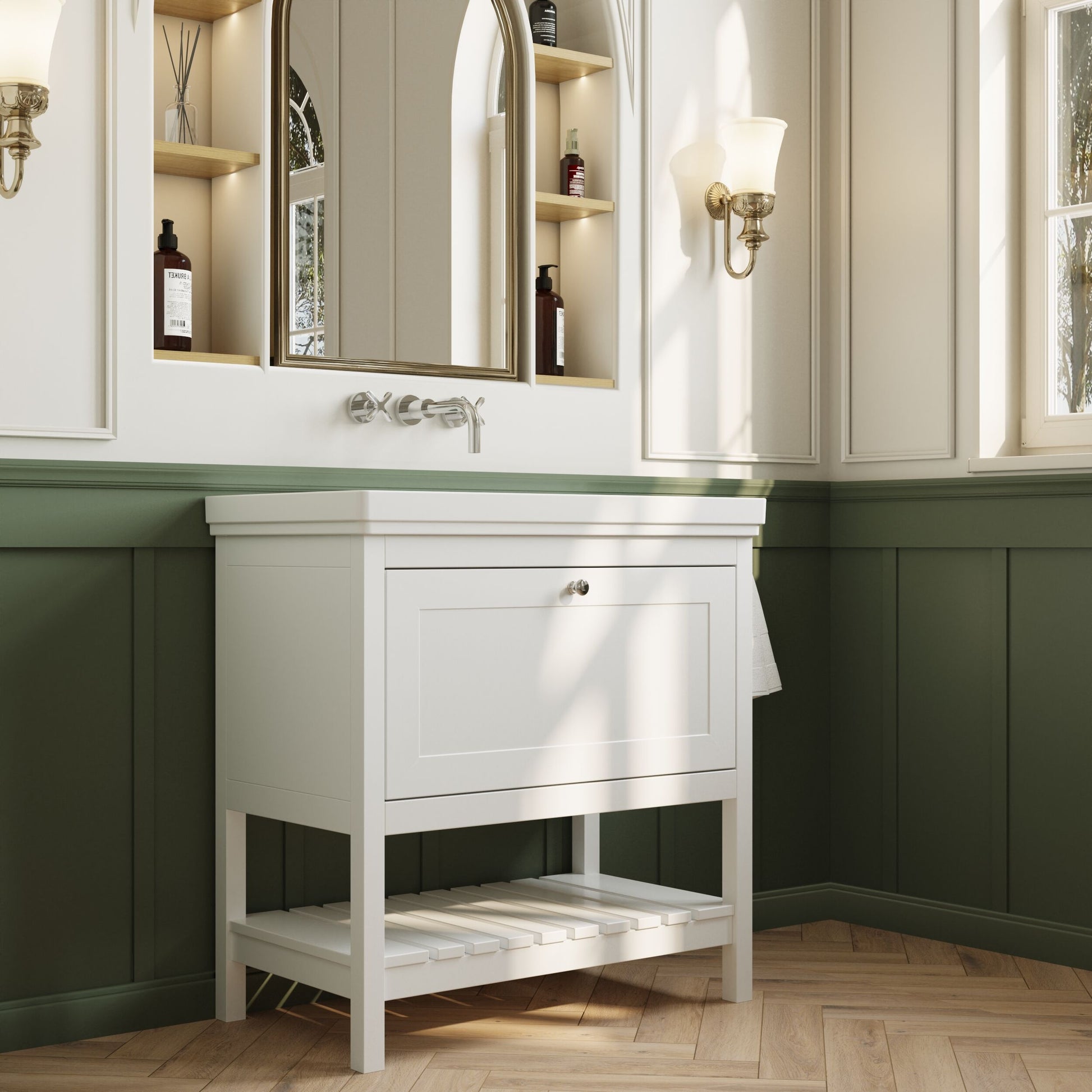 [BFRY127H] Coppenhall Traditional 1 Drawer Floor Standing Vanity Basin Unit with 0 Tap Hole Fireclay Basin, Choice of Size and Colour - Lifestyle 3