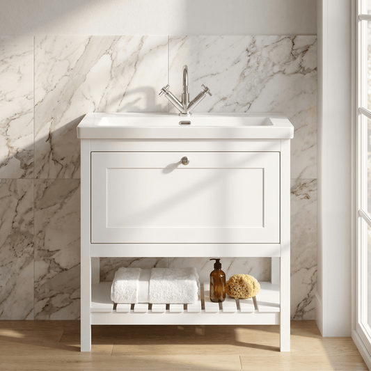 [BFRY127L] Coppenhall Contemporary 1 Drawer Floor Standing Vanity Unit with Fireclay Basin - Choice of Size and Colour - Silo