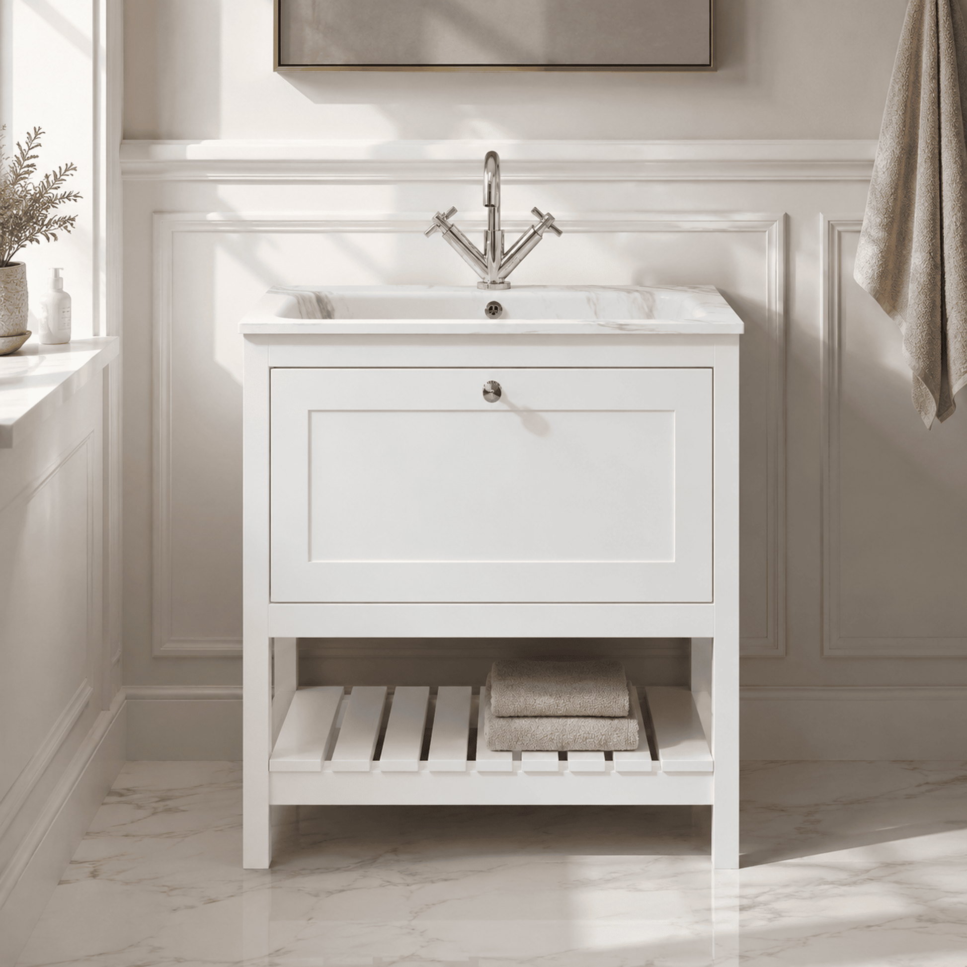 [BFRY127Q] Coppenhall Contemporary 1 Drawer Floor Standing Vanity Unit with Stone Basin - Choice of Size and Colour - Silo