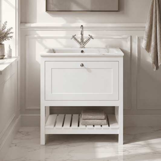 [BFRY127Q] Coppenhall Contemporary 1 Drawer Floor Standing Vanity Unit with Stone Basin - Choice of Size and Colour - Silo