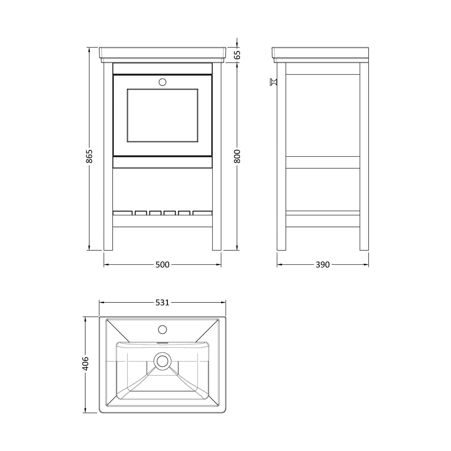 [BFRY223A] Balterley Rye Bathroom Floor Standing 1 Drawer Vanity & 1 Tap Hole Basin, Cool Grey, 531mm - Technical Drawing