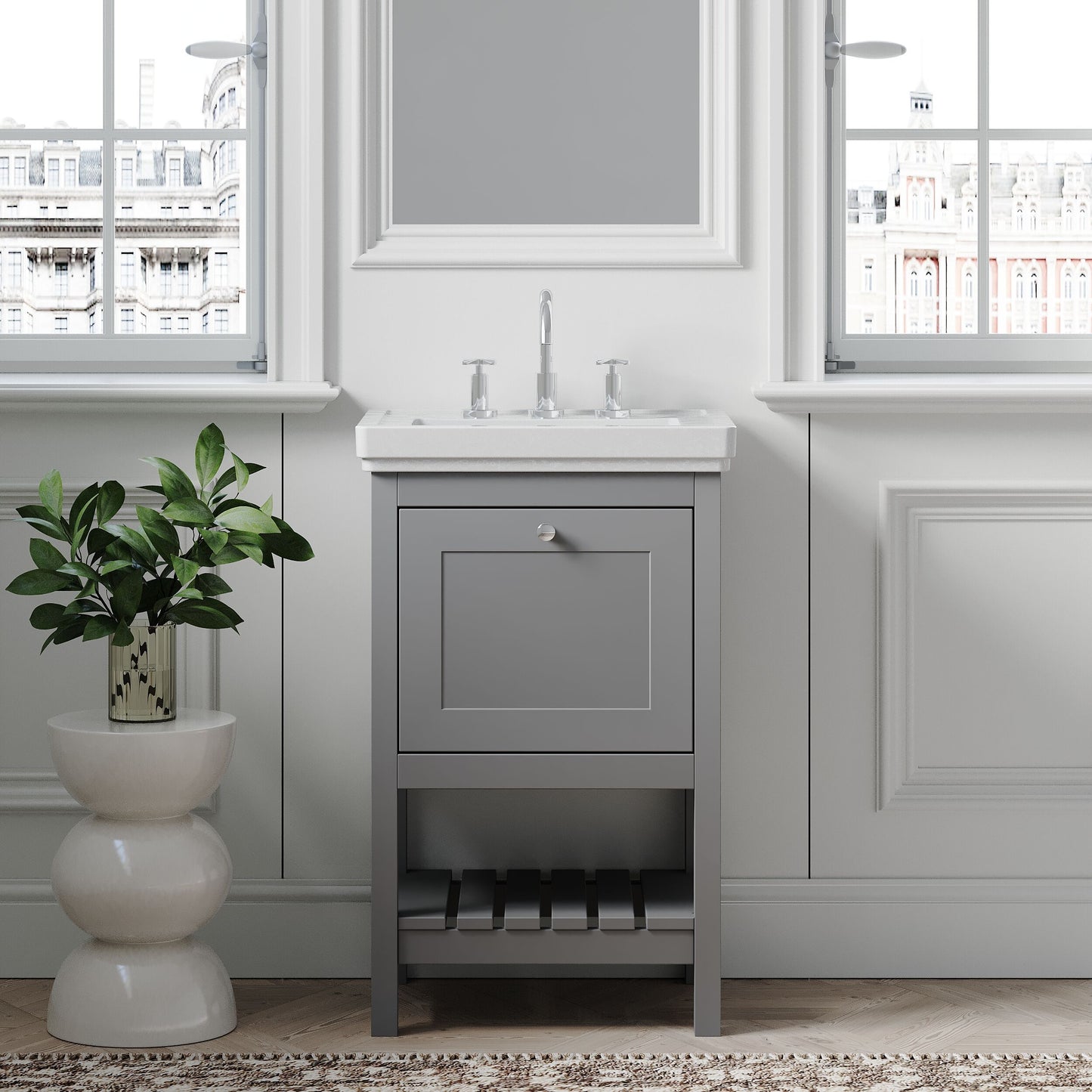 [BFRY223B] Coppenhall Traditional 1 Drawer Floor Standing Vanity Unit with 3 Tap Hole Fireclay Basin, Choice of Size and Finish - Lifestyle 1