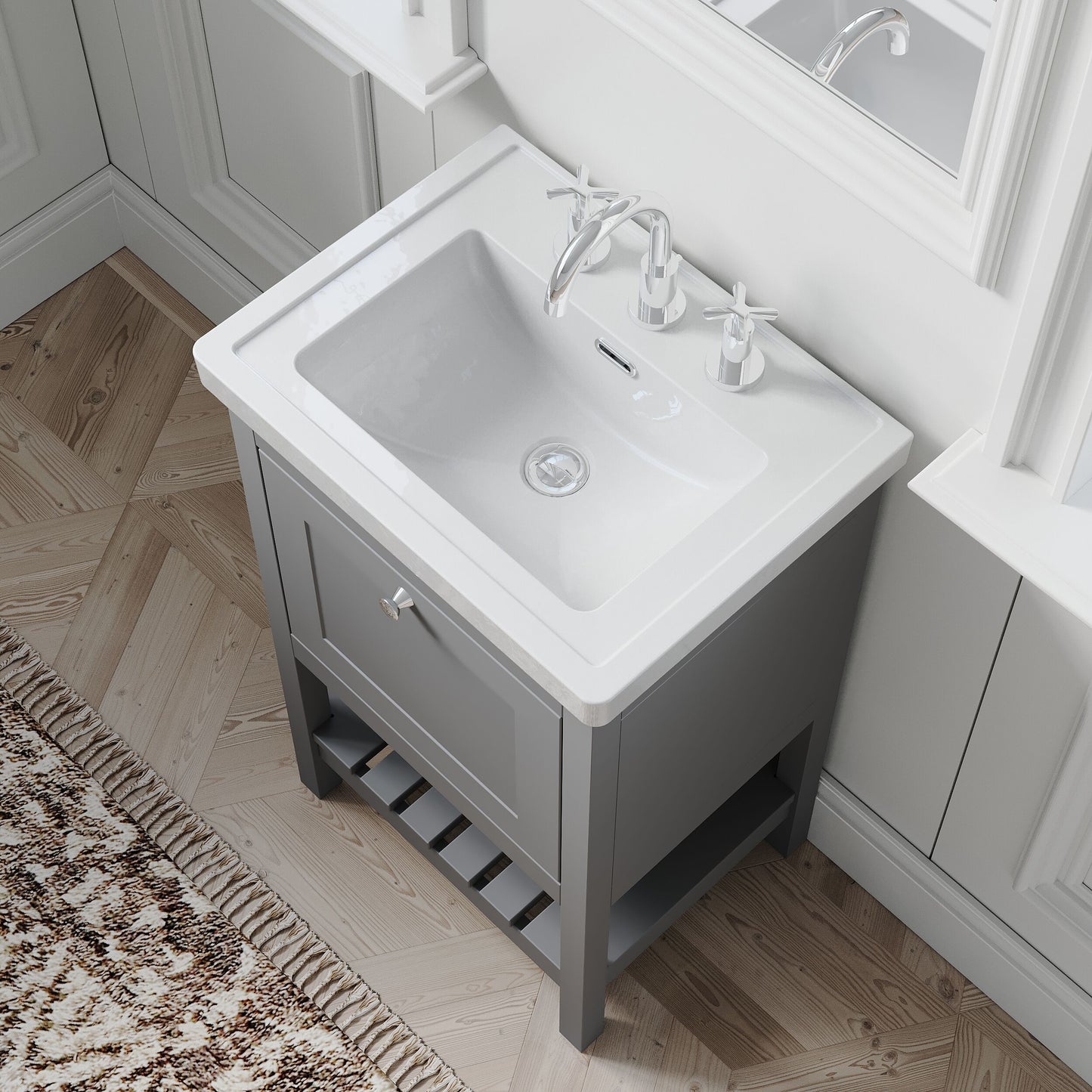 [BFRY223B] Coppenhall Traditional 1 Drawer Floor Standing Vanity Unit with 3 Tap Hole Fireclay Basin, Choice of Size and Finish - Lifestyle 2