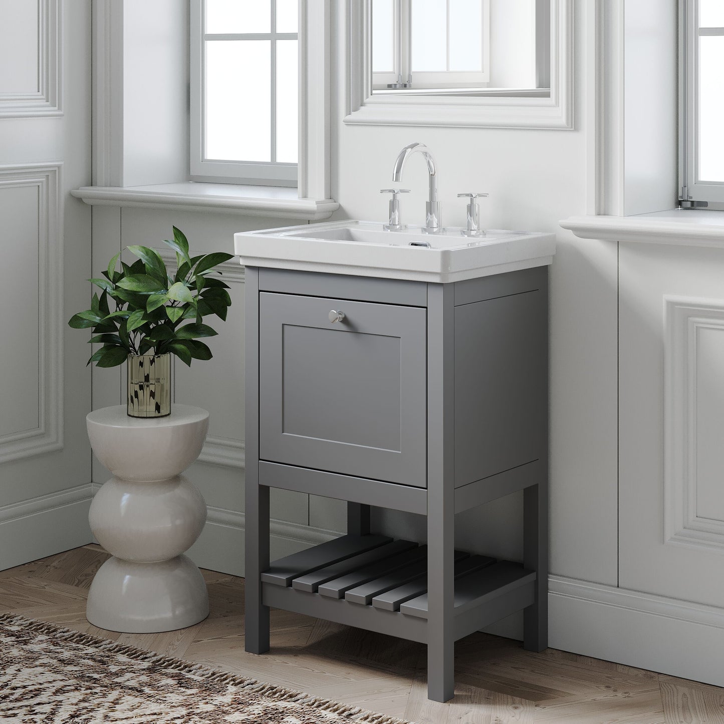 [BFRY223B] Coppenhall Traditional 1 Drawer Floor Standing Vanity Unit with 3 Tap Hole Fireclay Basin, Choice of Size and Finish - Lifestyle 3