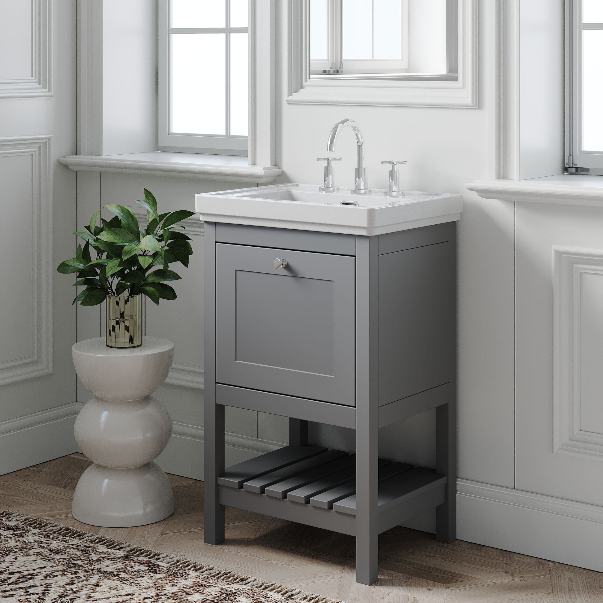 [BFRY223B] Coppenhall Traditional 1 Drawer Floor Standing Vanity Unit with 3 Tap Hole Fireclay Basin, Choice of Size and Finish - Lifestyle 3