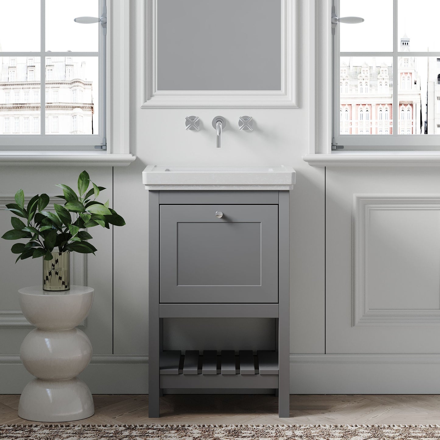 [BFRY223H] Coppenhall Traditional 1 Drawer Floor Standing Vanity Basin Unit with 0 Tap Hole Fireclay Basin, Choice of Size and Colour - Lifestyle 1
