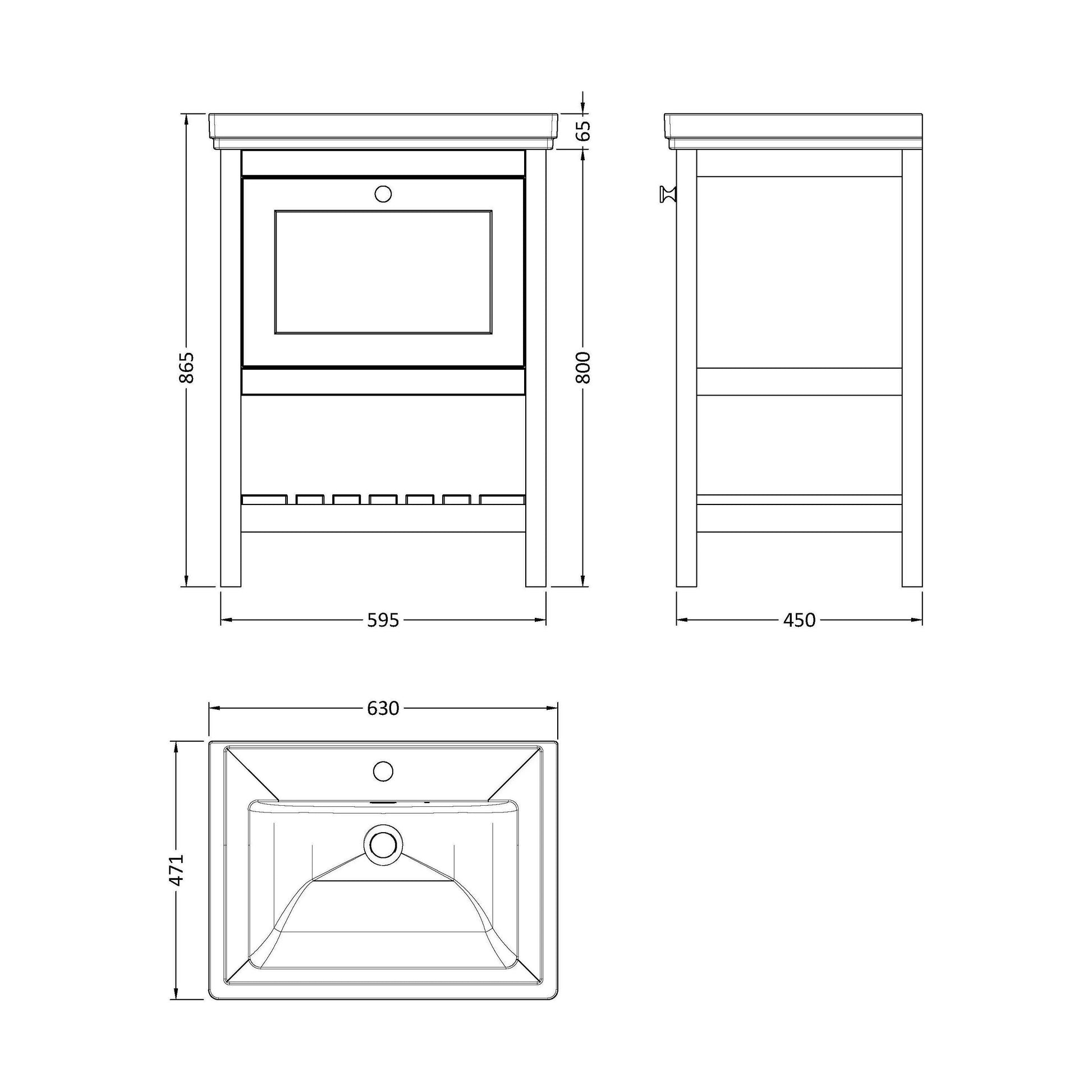 [BFRY225A] Balterley Rye Bathroom Floor Standing 1 Drawer Vanity & 1 Tap Hole Basin, Cool Grey, 630mm - Technical Drawing