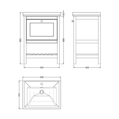 [BFRY225A] Balterley Rye Bathroom Floor Standing 1 Drawer Vanity & 1 Tap Hole Basin, Cool Grey, 630mm - Technical Drawing
