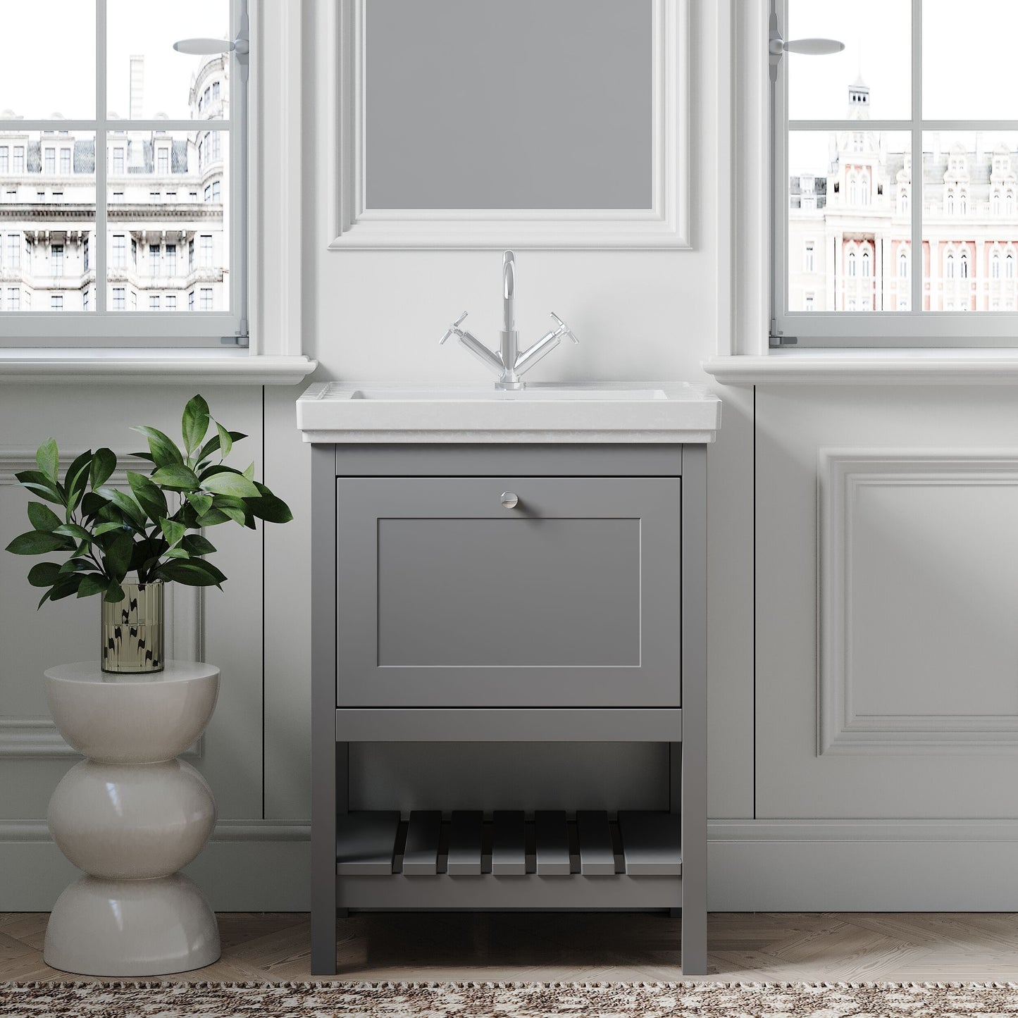 [BFRY225A] Balterley Rye Bathroom Floor Standing 1 Drawer Vanity & 1 Tap Hole Basin, Cool Grey, 630mm - Lifestyle 1