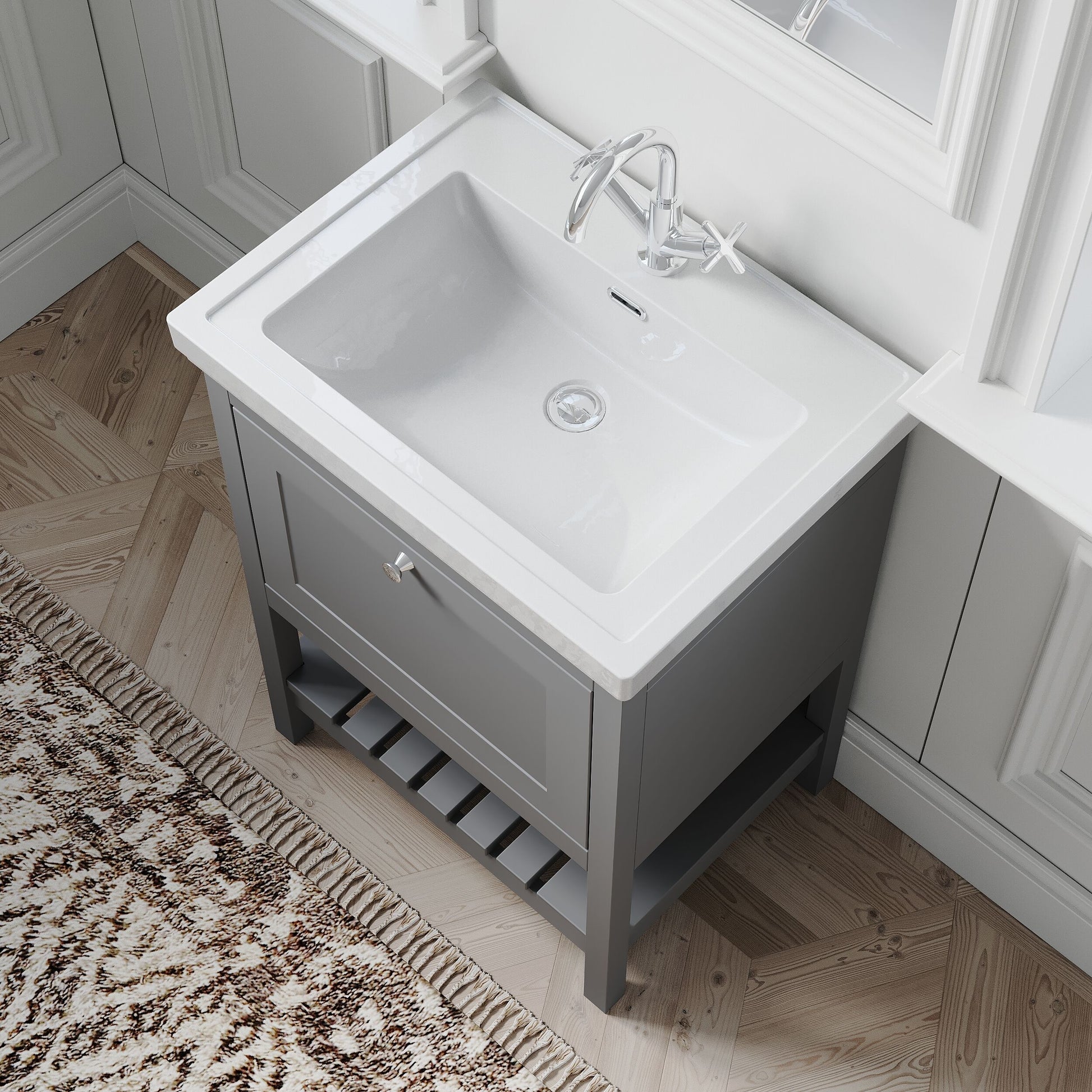 [BFRY225A] Balterley Rye Bathroom Floor Standing 1 Drawer Vanity & 1 Tap Hole Basin, Cool Grey, 630mm - Lifestyle 2