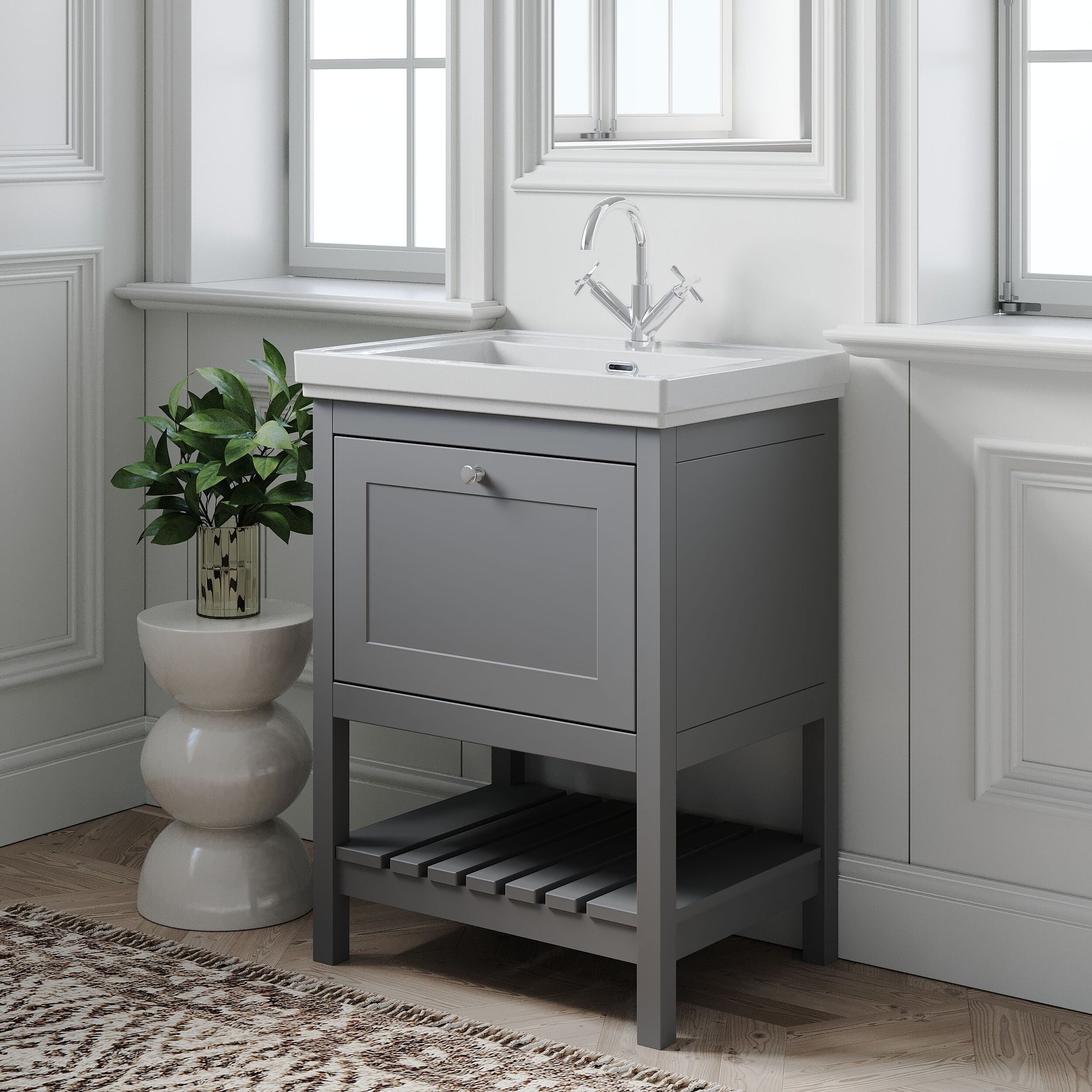 [BFRY225A] Balterley Rye Bathroom Floor Standing 1 Drawer Vanity & 1 Tap Hole Basin, Cool Grey, 630mm - Lifestyle 3