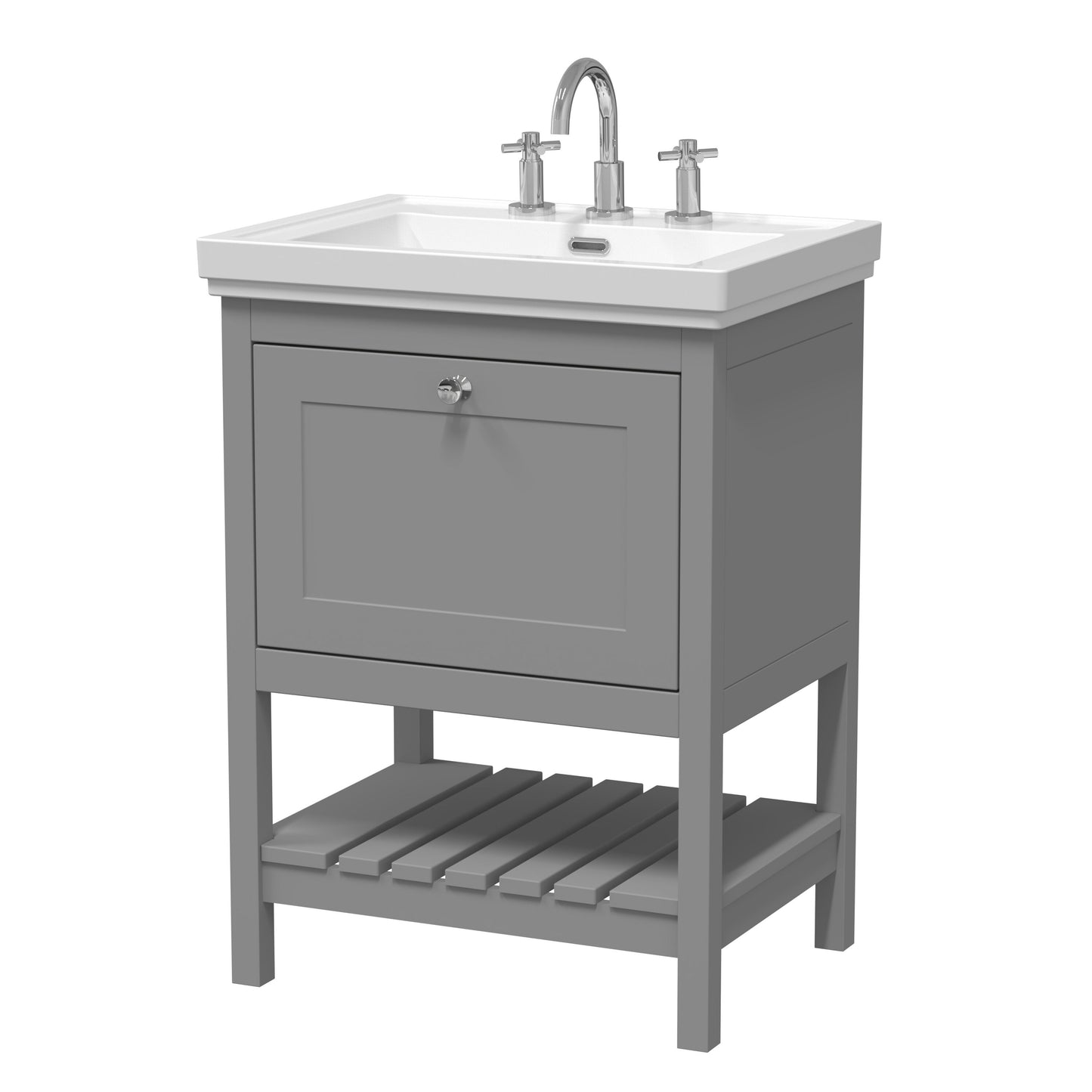 [BFRY225B] Coppenhall Traditional 1 Drawer Floor Standing Vanity Unit with 3 Tap Hole Fireclay Basin, Choice of Size and Finish - Cutout
