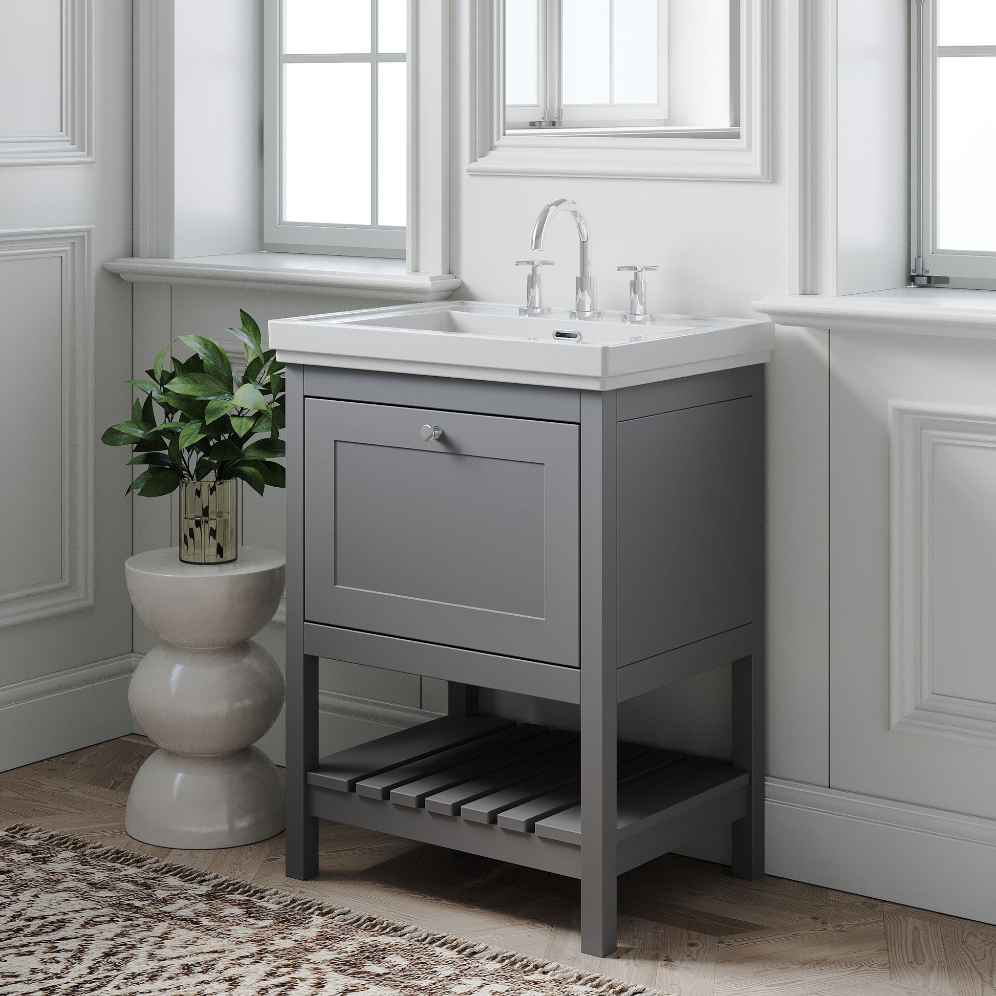 [BFRY225B] Coppenhall Traditional 1 Drawer Floor Standing Vanity Unit with 3 Tap Hole Fireclay Basin, Choice of Size and Finish - Lifestyle 3