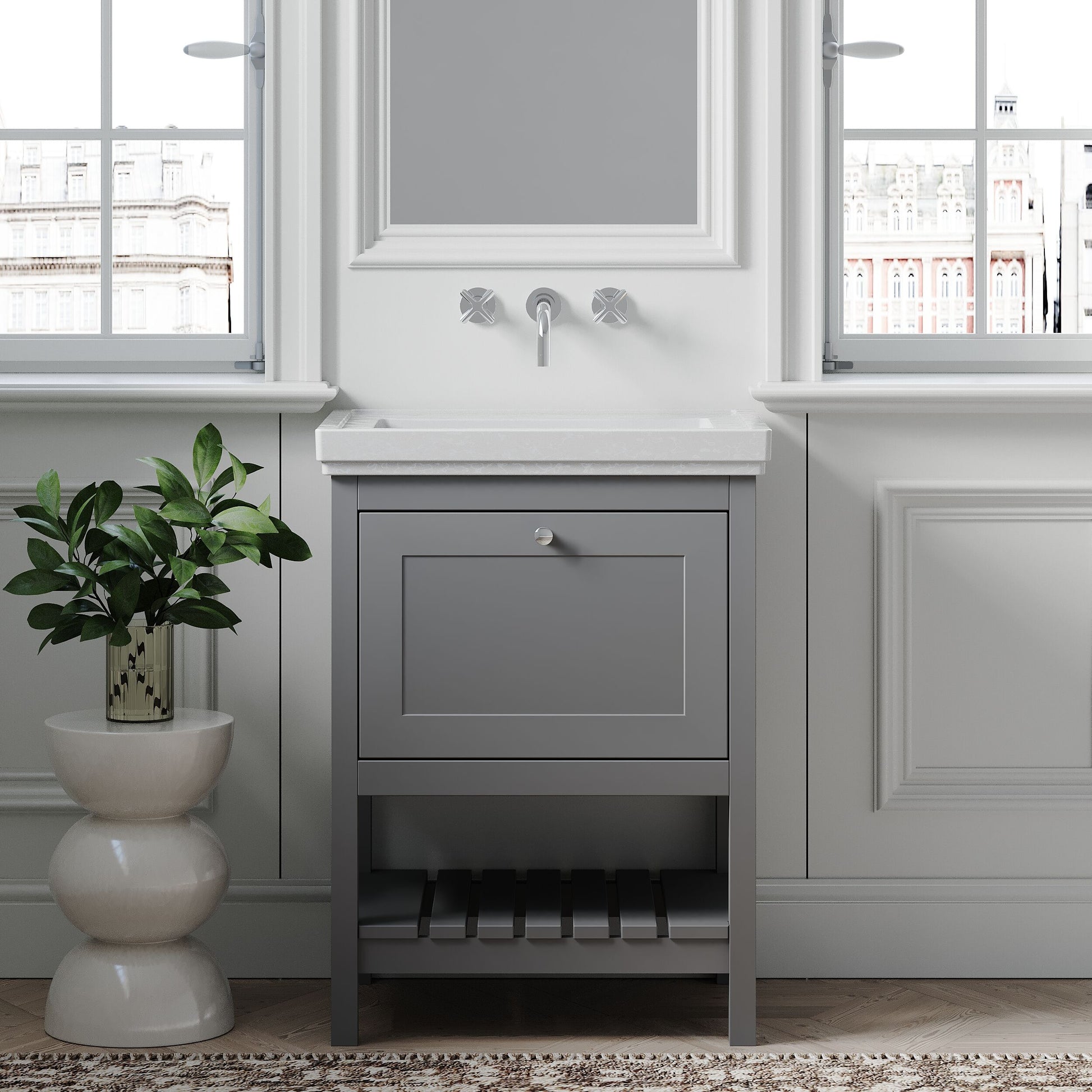 [BFRY225H] Coppenhall Traditional 1 Drawer Floor Standing Vanity Basin Unit with 0 Tap Hole Fireclay Basin, Choice of Size and Colour - Lifestyle 1