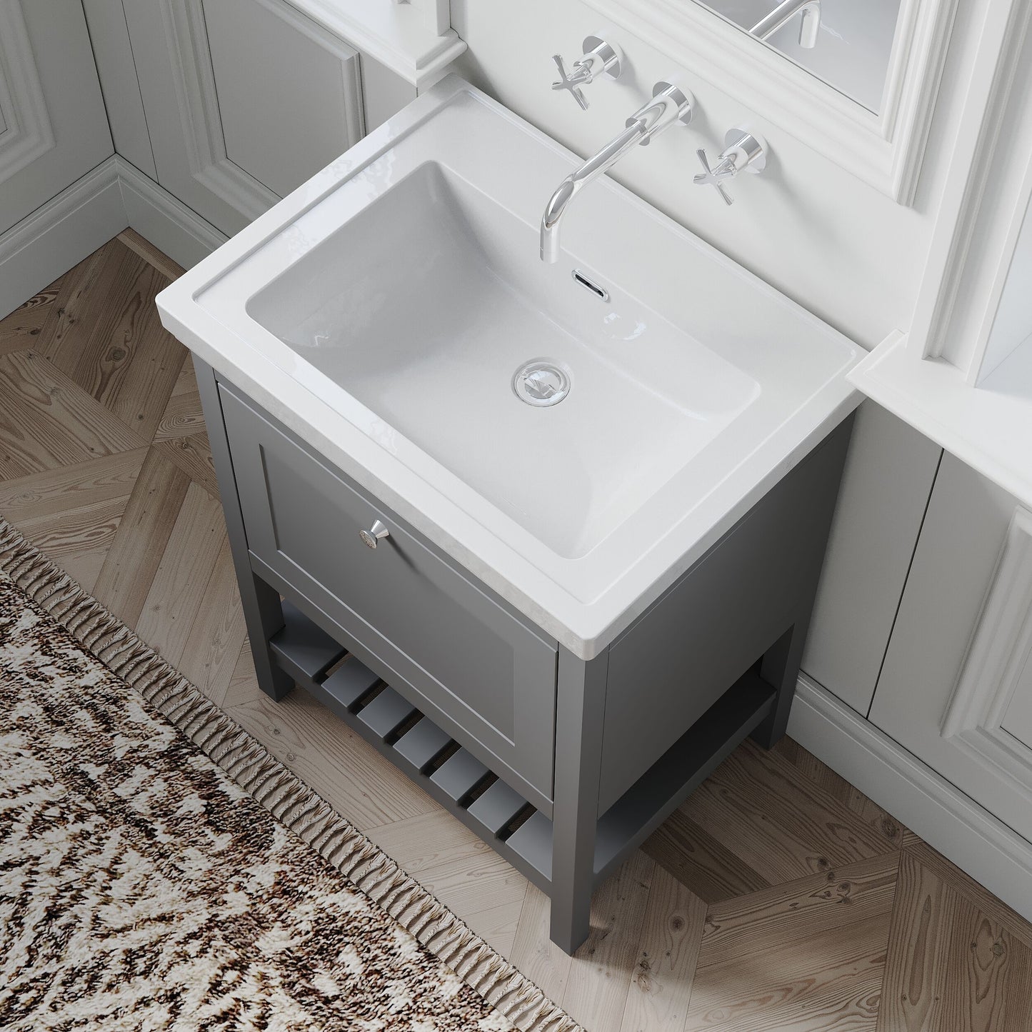 [BFRY225H] Coppenhall Traditional 1 Drawer Floor Standing Vanity Basin Unit with 0 Tap Hole Fireclay Basin, Choice of Size and Colour - Lifestyle 2