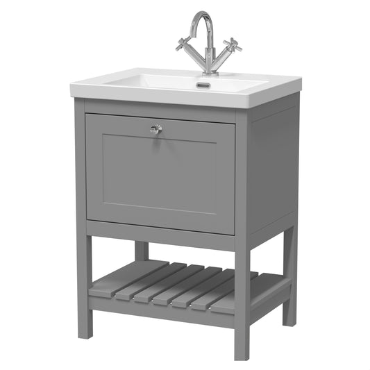 [BFRY225L] Coppenhall Contemporary 1 Drawer Floor Standing Vanity Unit with Fireclay Basin, Cool Grey, 600mm - Cutout