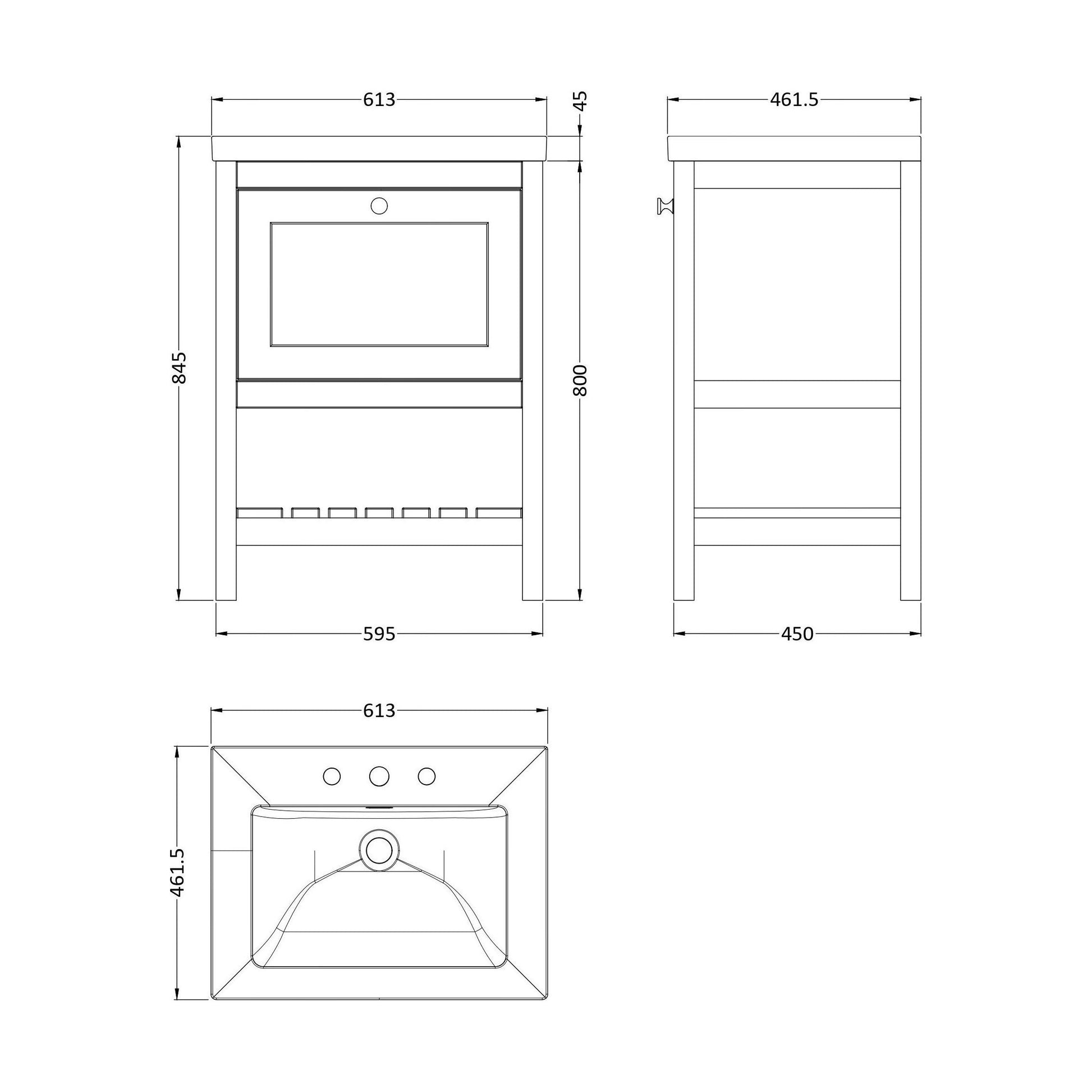[BFRY225M] Coppenhall Contemporary 1 Drawer Floor Standing Vanity Unit with Fireclay Basin, Cool Grey, 600mm - Technical Drawing