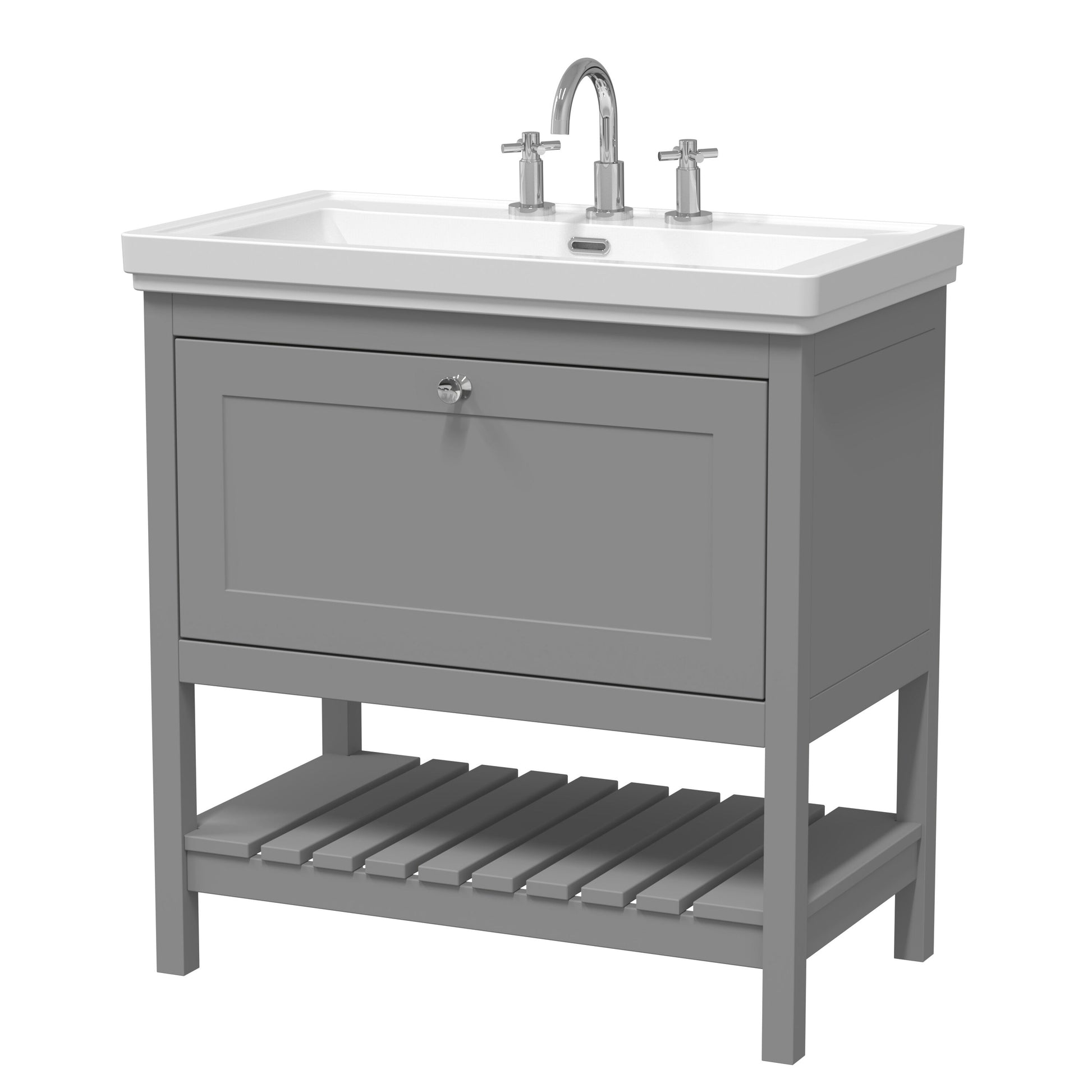 [BFRY227B] Coppenhall Traditional 1 Drawer Floor Standing Vanity Unit with 3 Tap Hole Fireclay Basin, Choice of Size and Finish - Cutout