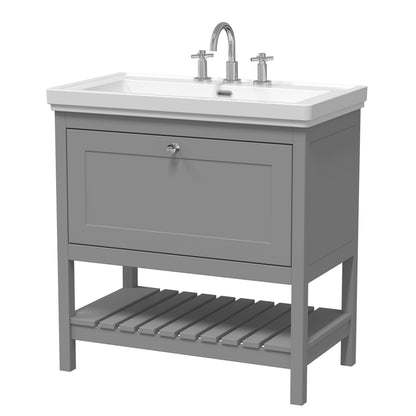 [BFRY227B] Coppenhall Traditional 1 Drawer Floor Standing Vanity Unit with 3 Tap Hole Fireclay Basin, Choice of Size and Finish - Cutout