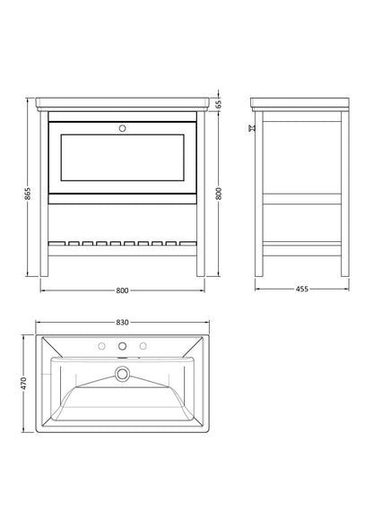 [BFRY227B] Coppenhall Traditional 1 Drawer Floor Standing Vanity Unit with 3 Tap Hole Fireclay Basin, Choice of Size and Finish - Technical Drawing