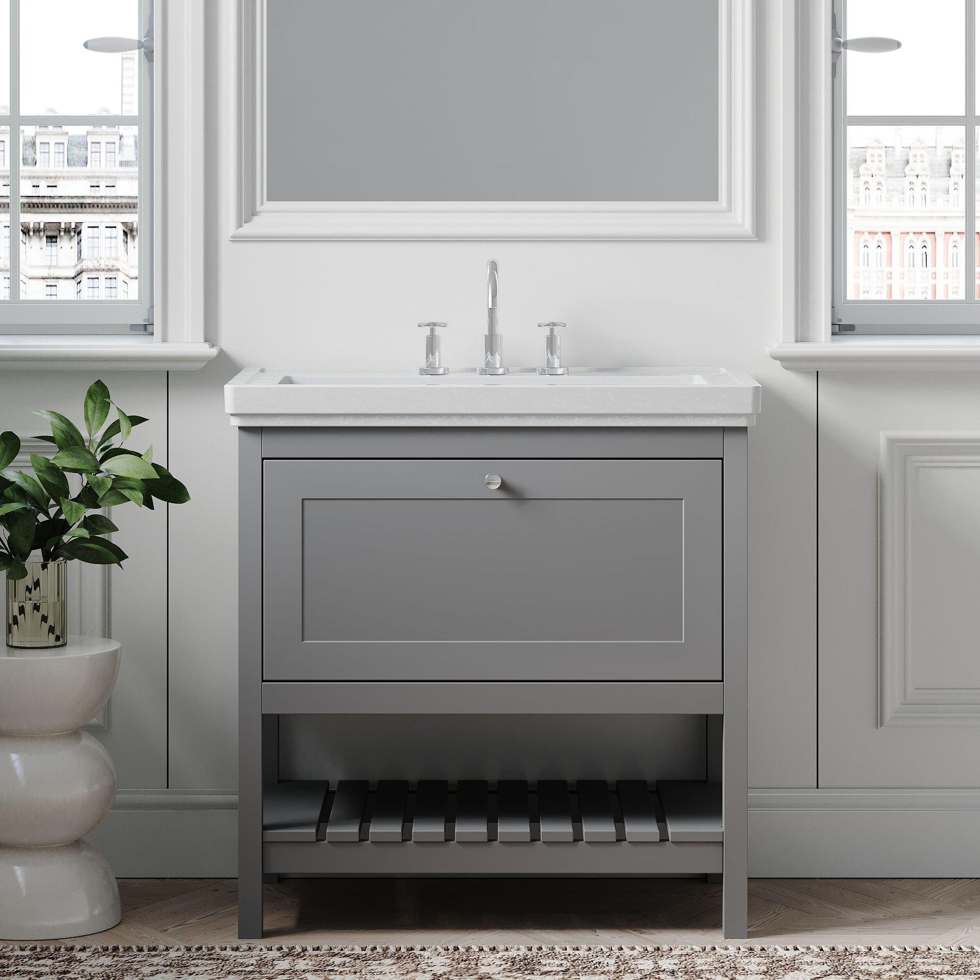 [BFRY227B] Coppenhall Traditional 1 Drawer Floor Standing Vanity Unit with 3 Tap Hole Fireclay Basin, Choice of Size and Finish - Lifestyle 1