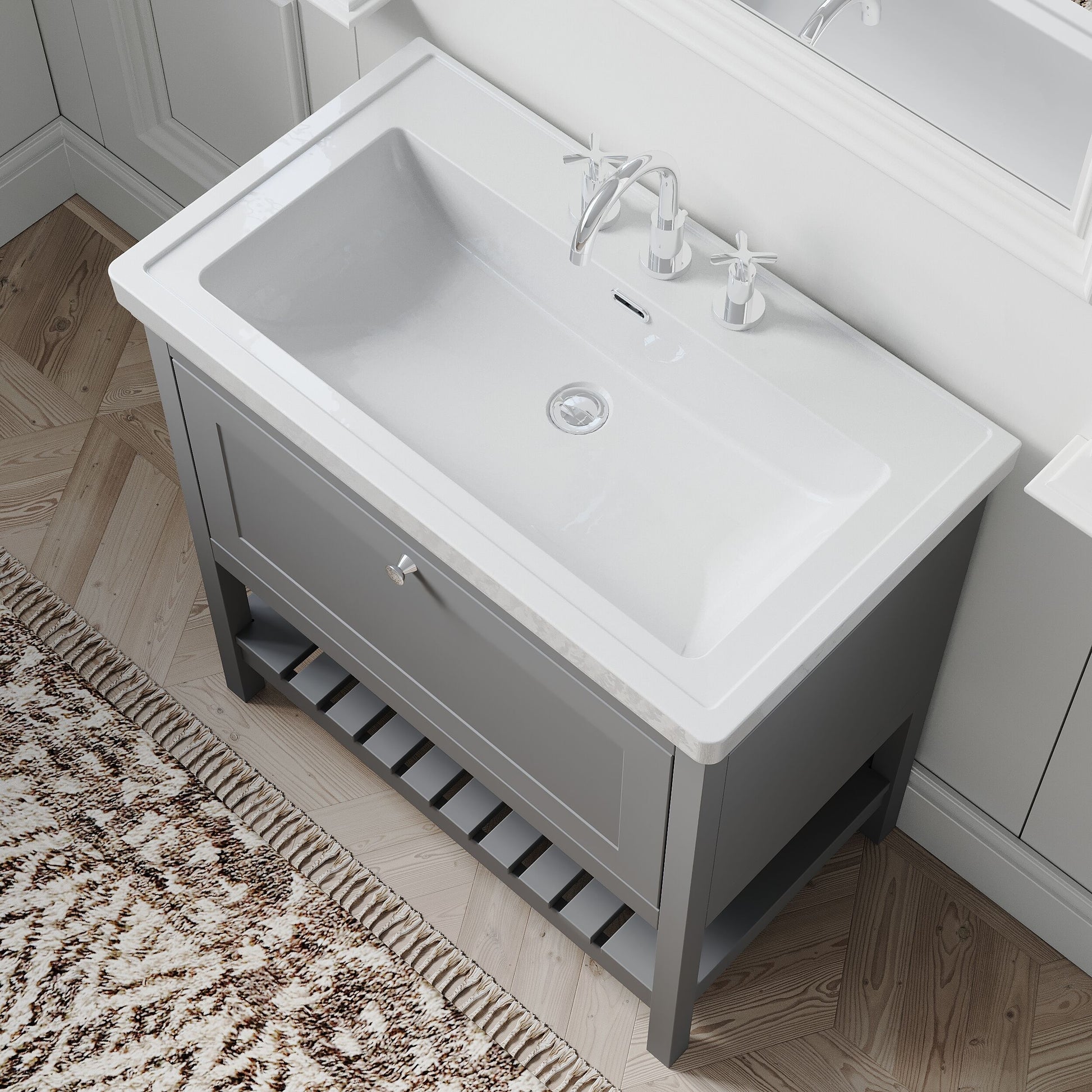 [BFRY227B] Coppenhall Traditional 1 Drawer Floor Standing Vanity Unit with 3 Tap Hole Fireclay Basin, Choice of Size and Finish - Lifestyle 2