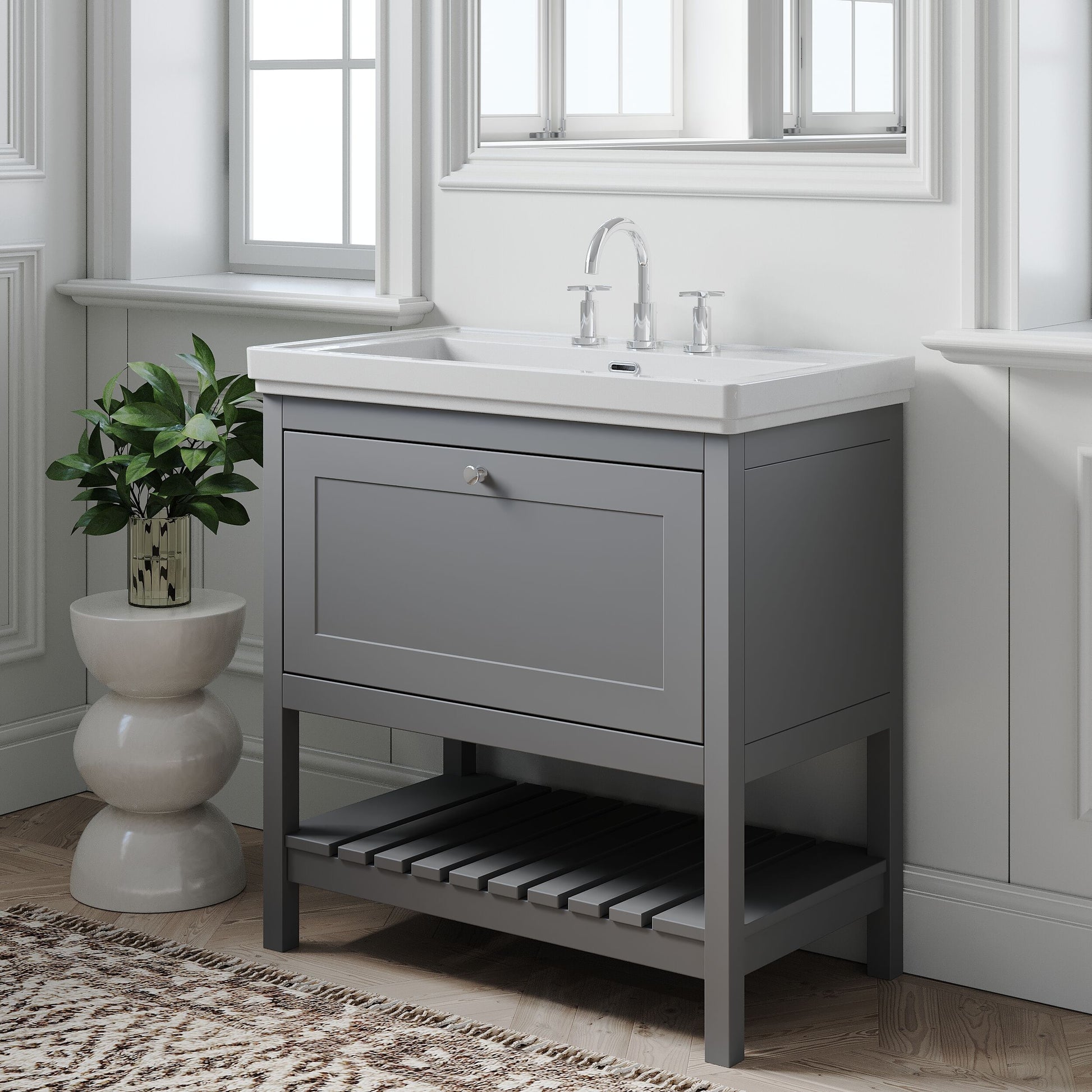 [BFRY227B] Coppenhall Traditional 1 Drawer Floor Standing Vanity Unit with 3 Tap Hole Fireclay Basin, Choice of Size and Finish - Lifestyle 3