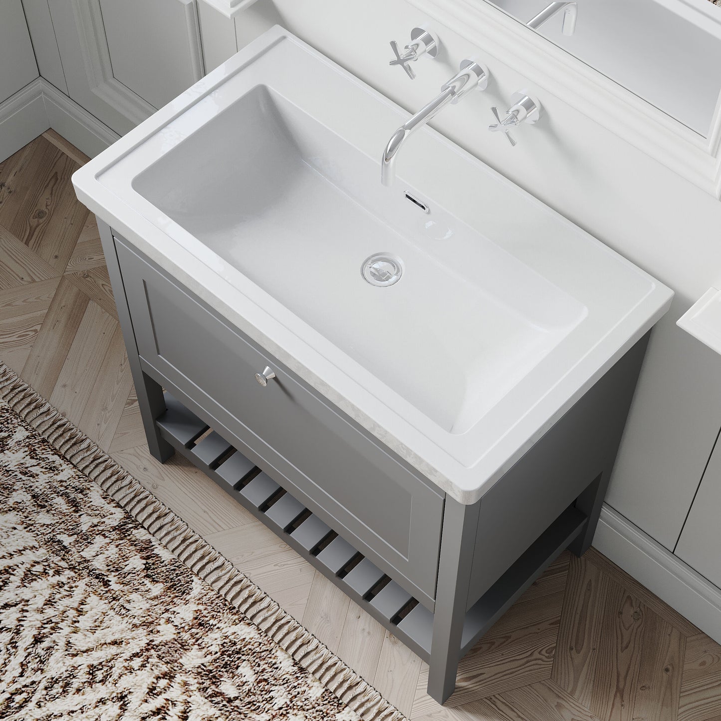 [BFRY227H] Coppenhall Traditional 1 Drawer Floor Standing Vanity Basin Unit with 0 Tap Hole Fireclay Basin, Choice of Size and Colour - Lifestyle 2