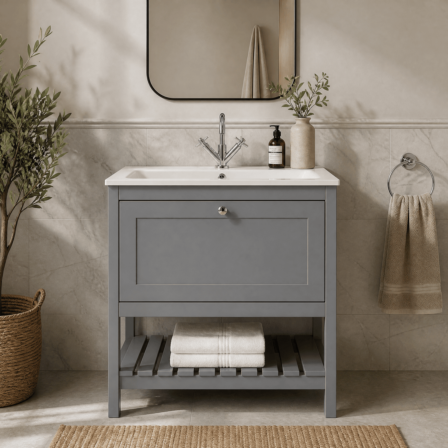 [BFRY227P] Coppenhall Contemporary 1 Drawer Floor Standing Vanity Unit with Stone Basin - Choice of Size and Colour - Silo