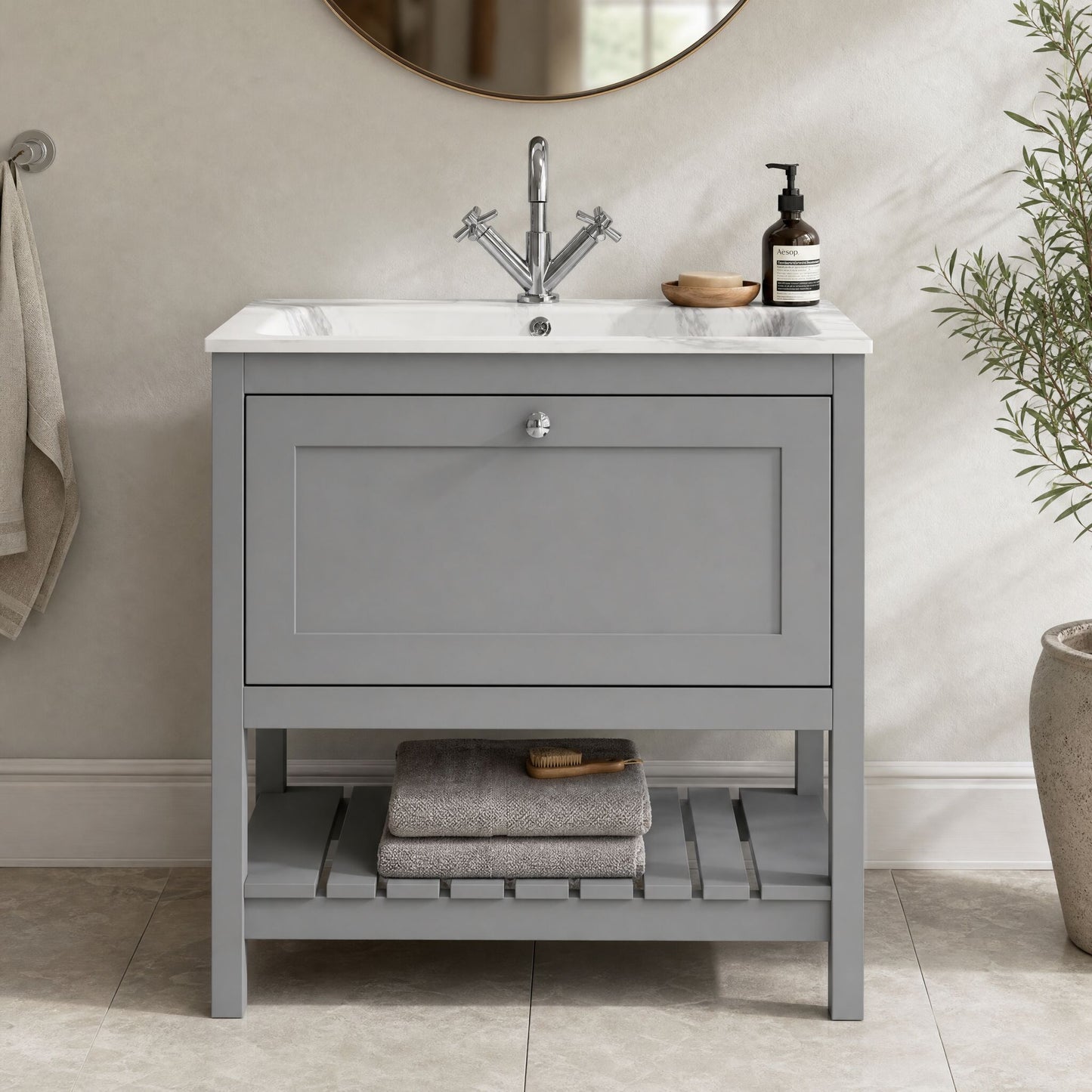 [BFRY227Q] Coppenhall Contemporary 1 Drawer Floor Standing Vanity Unit with Stone Basin - Choice of Size and Colour - Silo