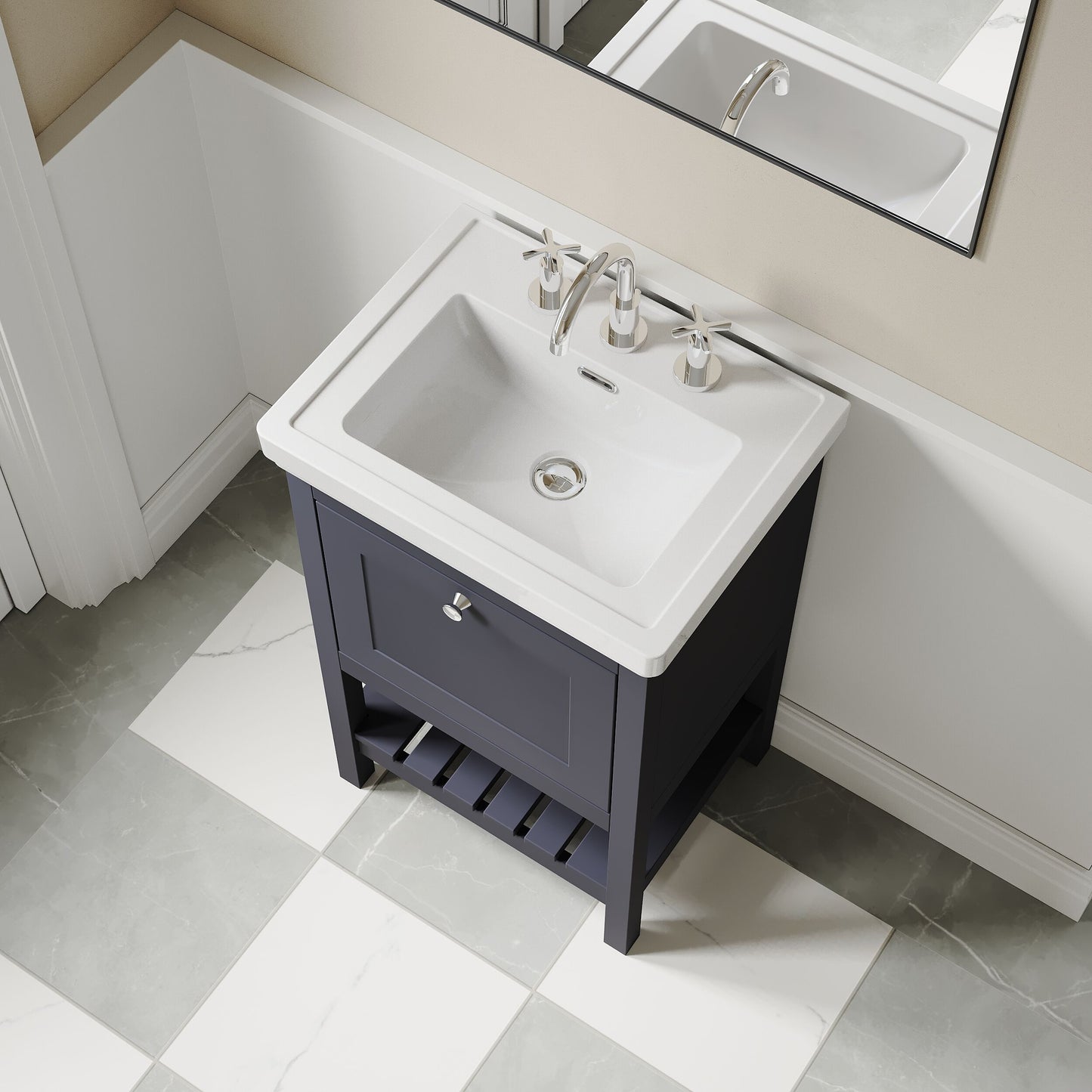 [BFRY323B] Coppenhall Traditional 1 Drawer Floor Standing Vanity Unit with 3 Tap Hole Fireclay Basin, Choice of Size and Finish - Lifestyle 2