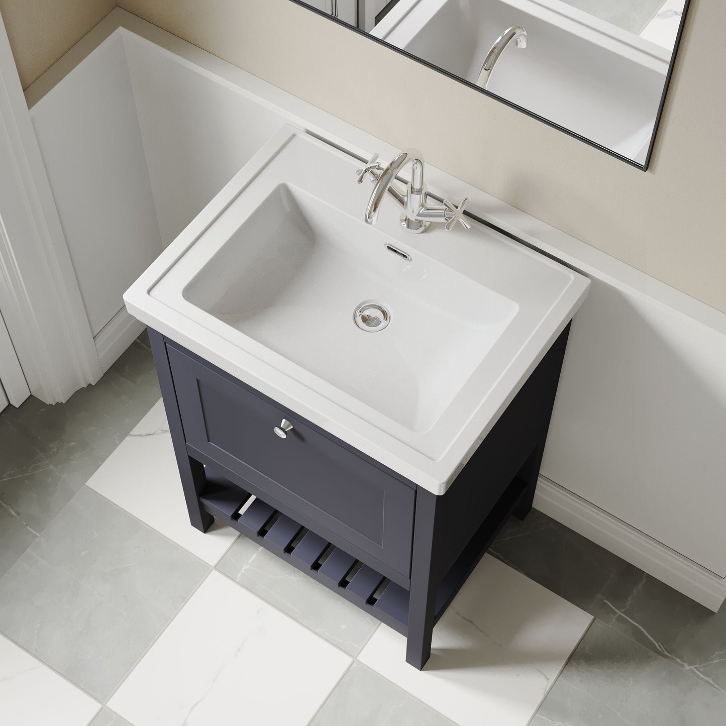 [BFRY325A] Balterley Rye Bathroom Floor Standing 1 Drawer Vanity & 1 Tap Hole Fireclay Basin, Indigo Blue, 600mm - Lifestyle 2