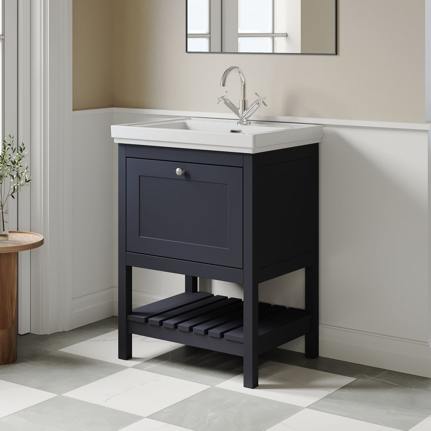 [BFRY325A] Balterley Rye Bathroom Floor Standing 1 Drawer Vanity & 1 Tap Hole Fireclay Basin, Indigo Blue, 600mm - Lifestyle 3
