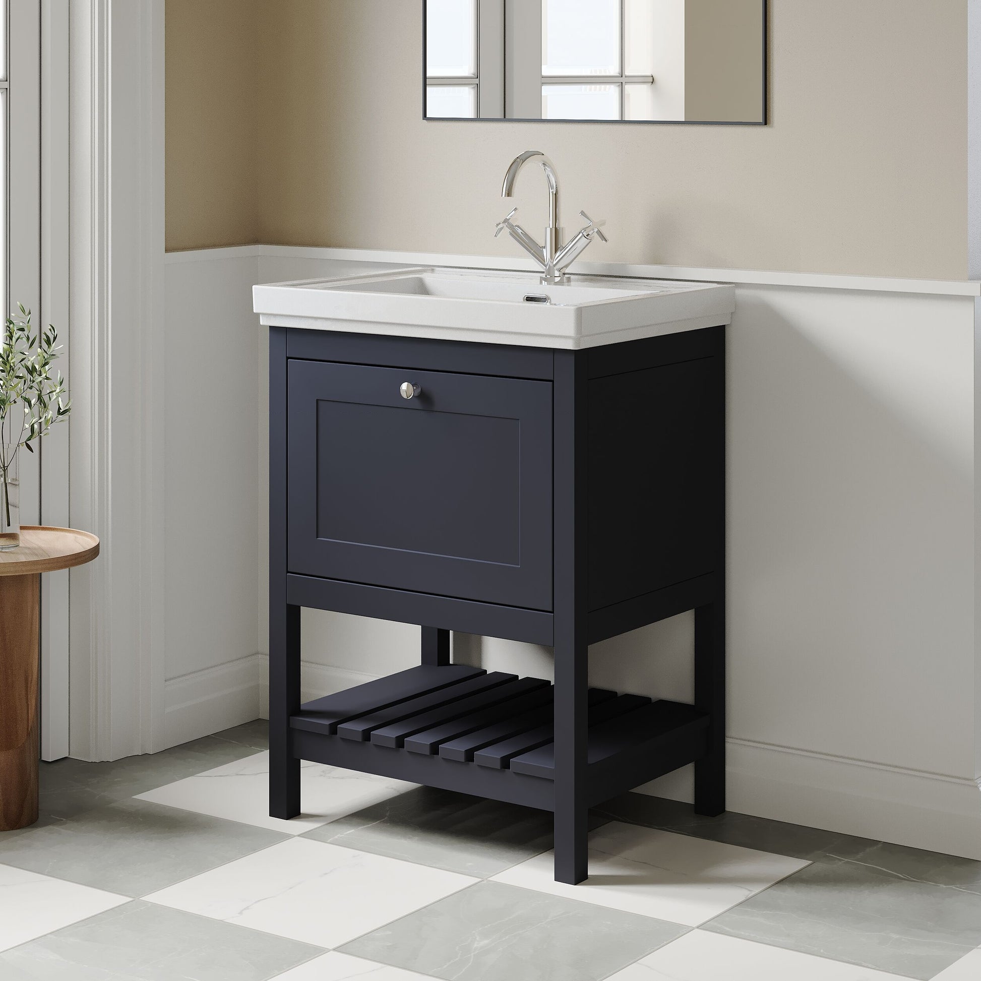 [BFRY325A] Balterley Rye Bathroom Floor Standing 1 Drawer Vanity & 1 Tap Hole Fireclay Basin, Indigo Blue, 600mm - Lifestyle 3