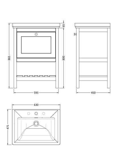 [BFRY325B] Coppenhall Traditional 1 Drawer Floor Standing Vanity Unit with 3 Tap Hole Fireclay Basin, Choice of Size and Finish - Technical Drawing