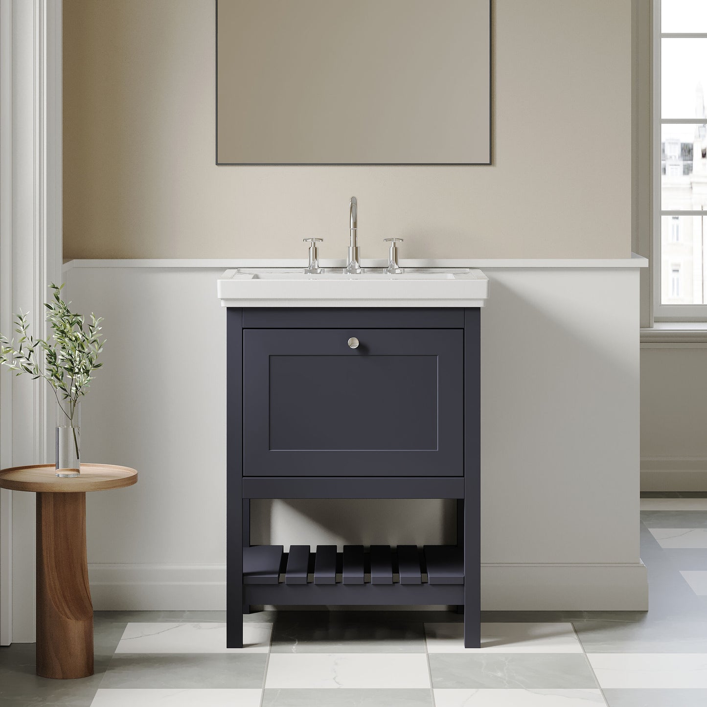 [BFRY325B] Coppenhall Traditional 1 Drawer Floor Standing Vanity Unit with 3 Tap Hole Fireclay Basin, Choice of Size and Finish - Lifestyle 1