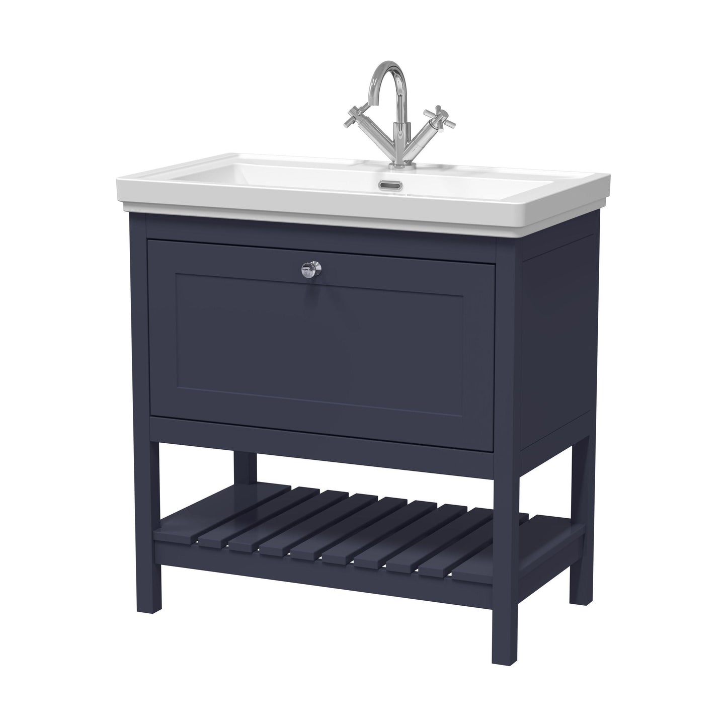 [BFRY327A] Balterley Rye Bathroom Floor Standing 1 Drawer Vanity & 1 Tap Hole Fireclay Basin, Indigo Blue, 800mm - Cutout